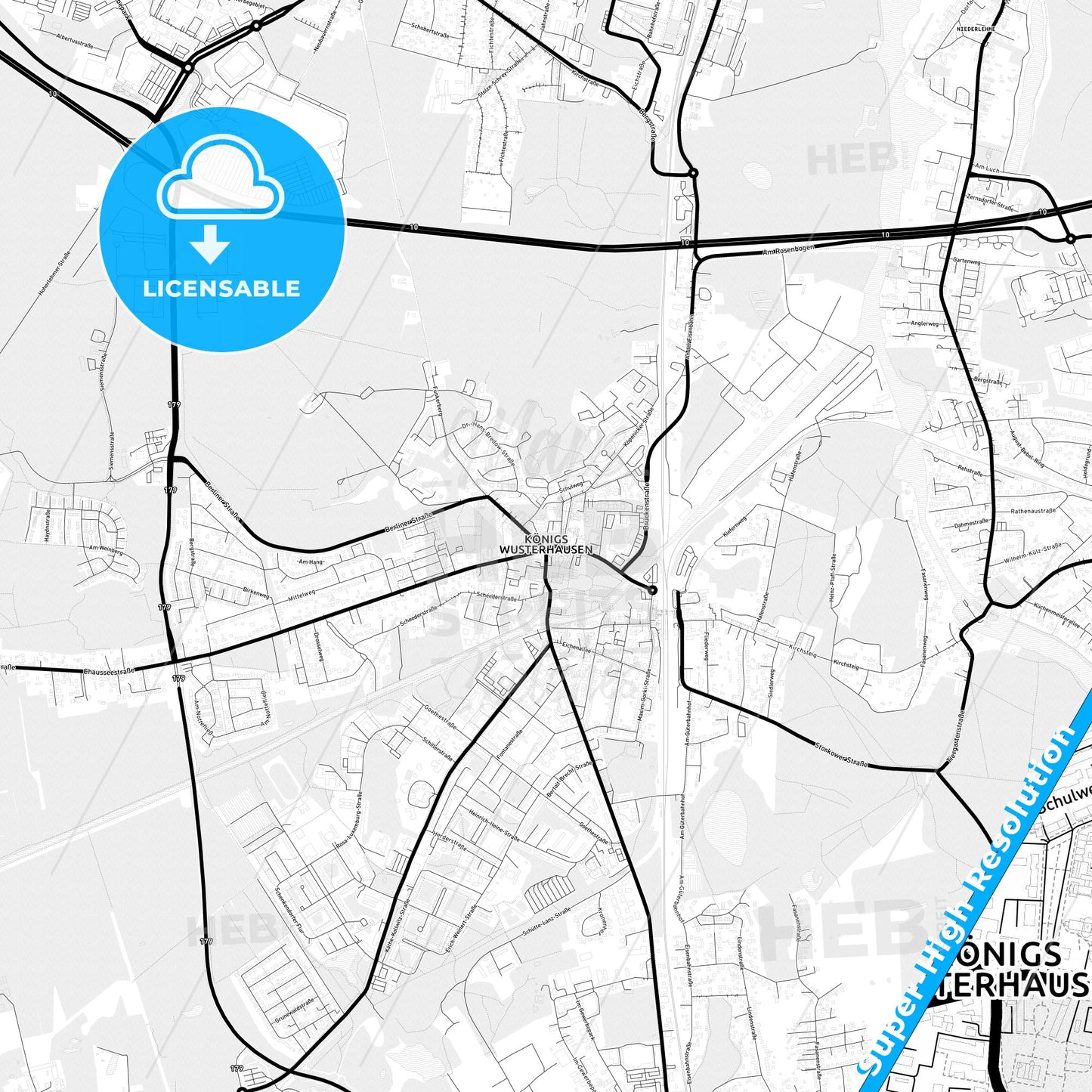 Konigs Wusterhausen, Germany Light Map with Street Names, City Names, and Districts