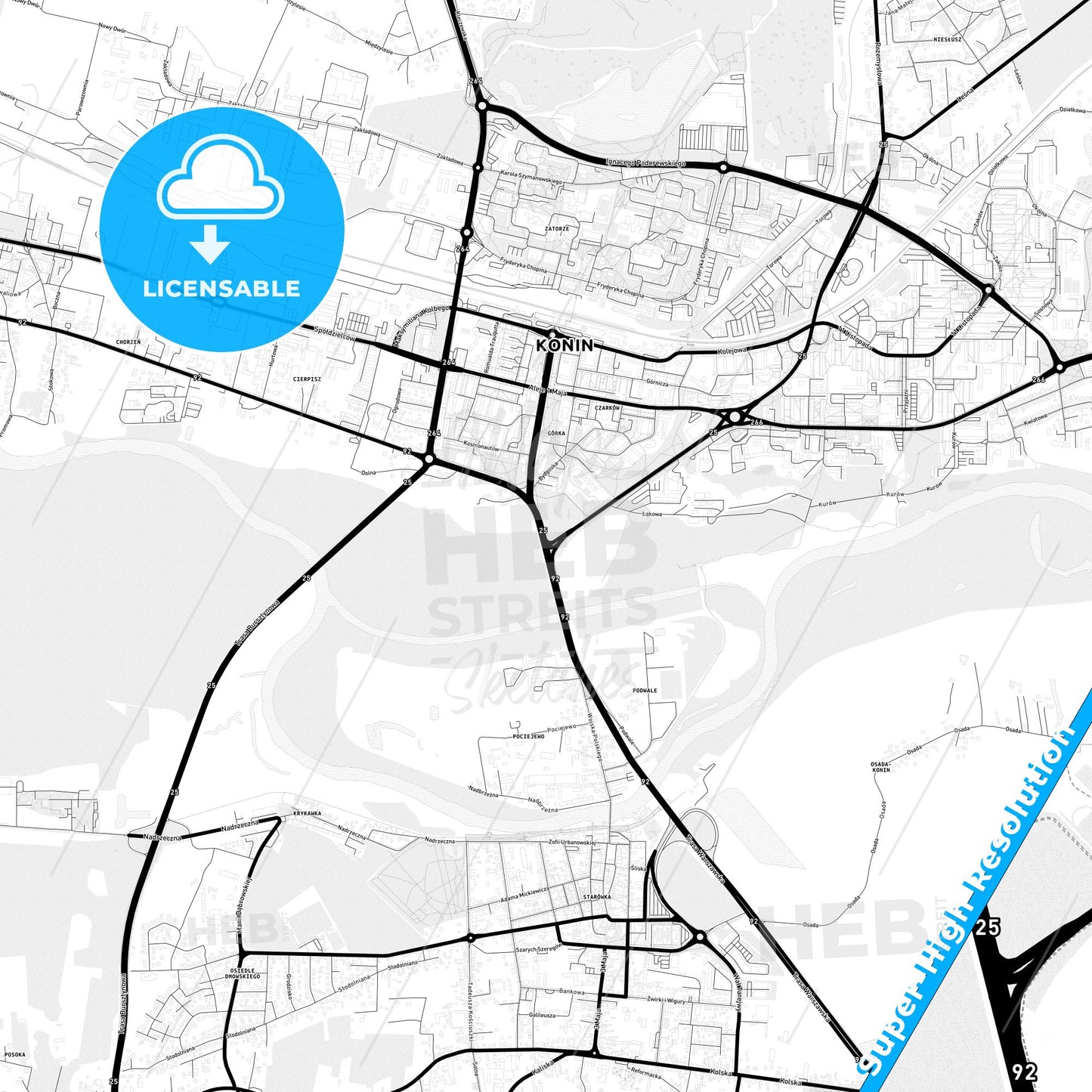 Konin, Poland Light Map with Street Names, City Names, and Districts