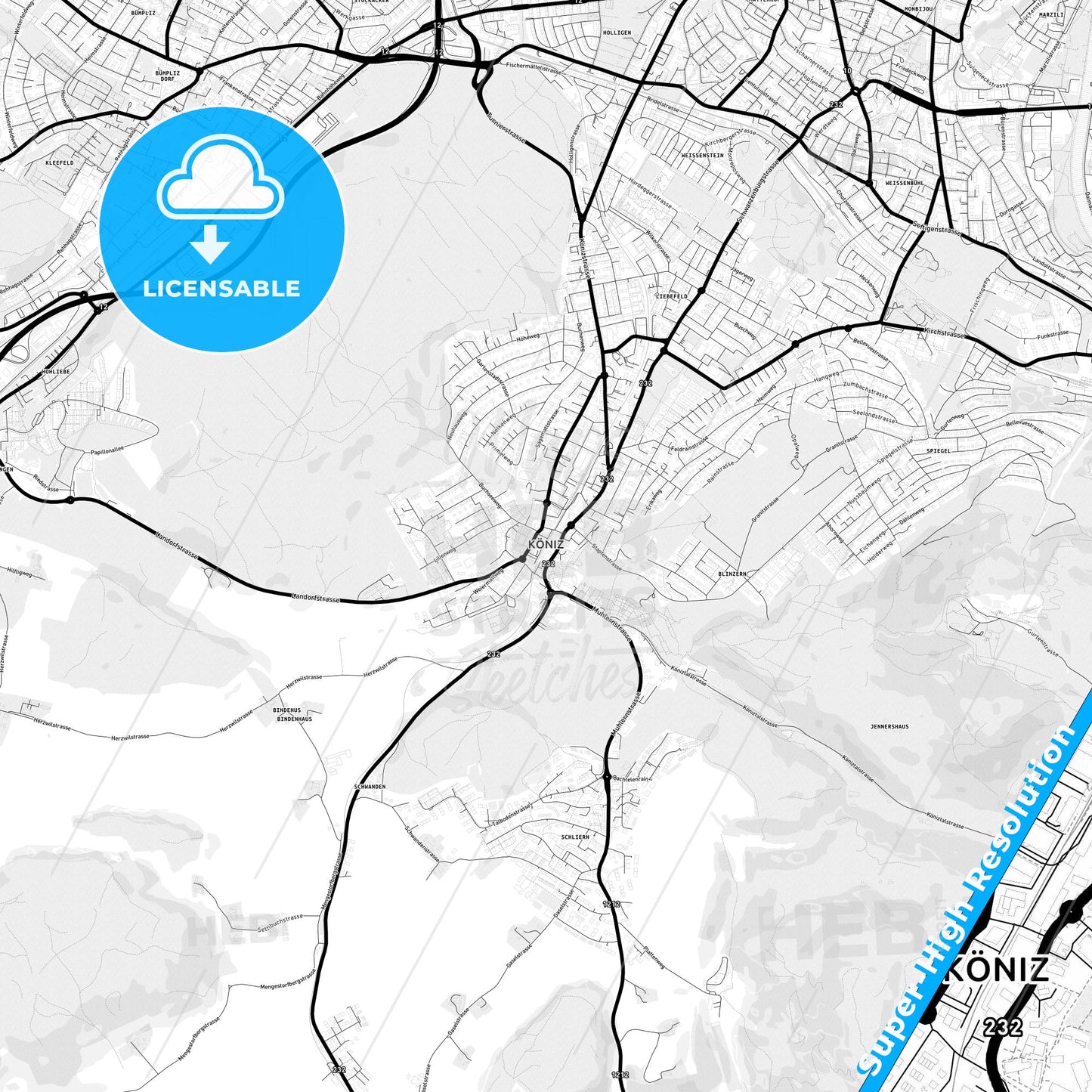 Köniz, Switzerland Light Map with Street Names, City Names, and Districts