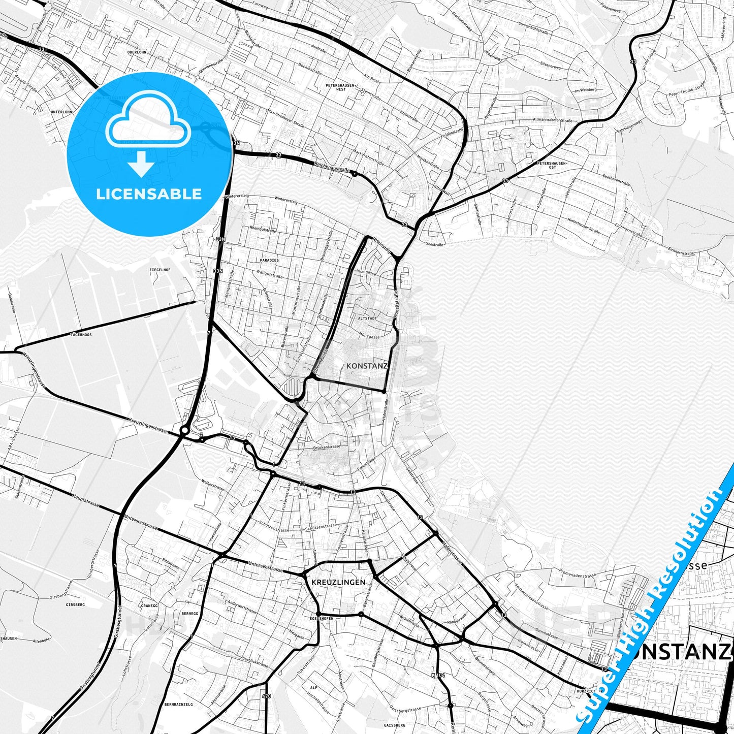 Konstanz, Germany Light Map with Street Names, City Names, and Districts