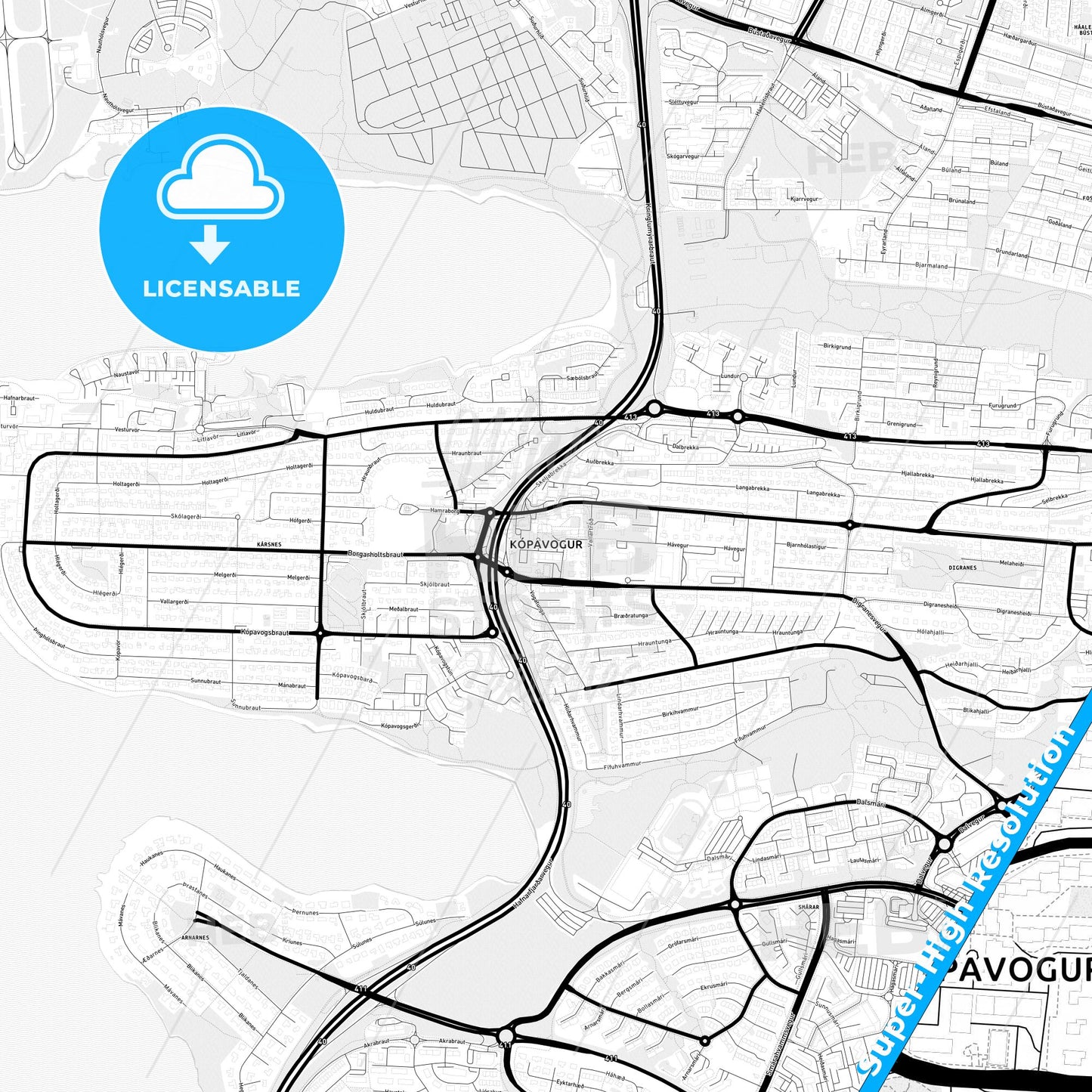 Kópavogur, Iceland Light Map with Street Names, City Names, and Districts