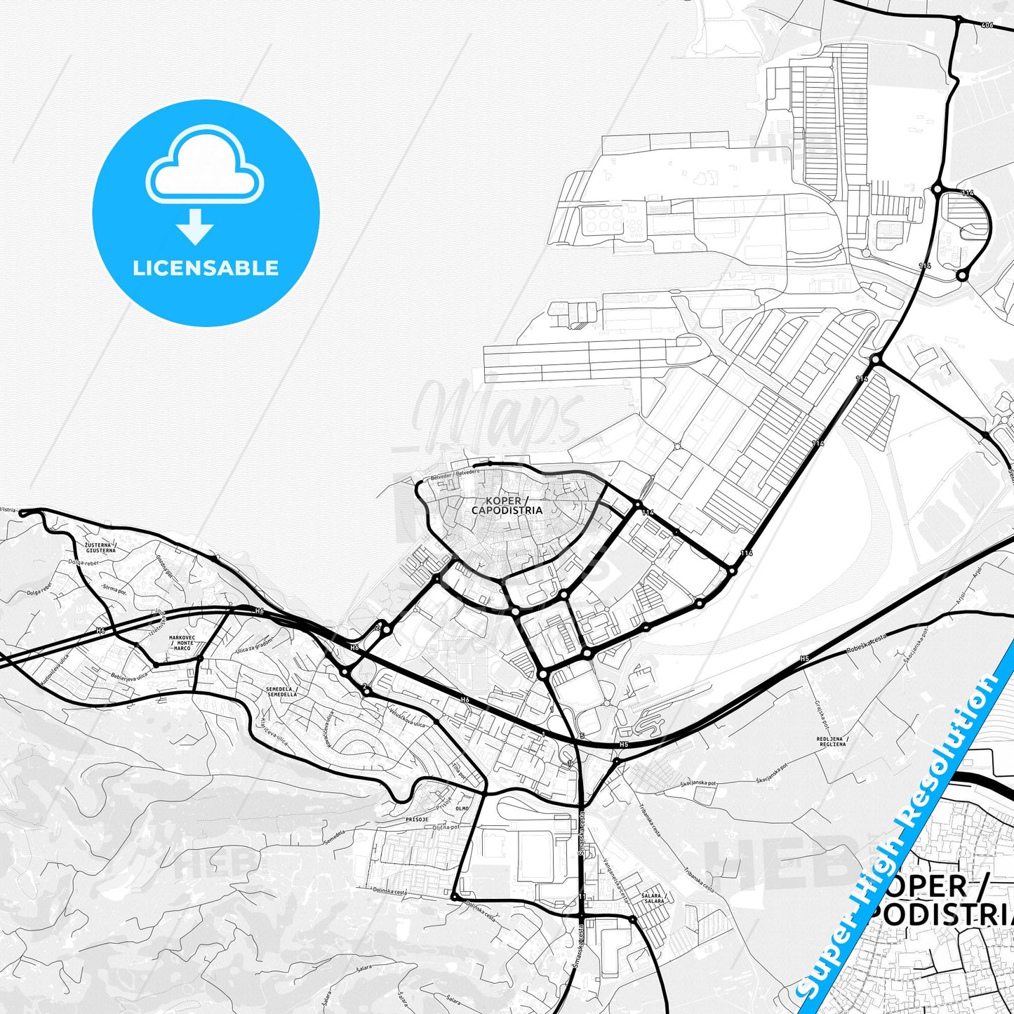 Koper, Slovenia Light Map with Street Names, City Names, and Districts