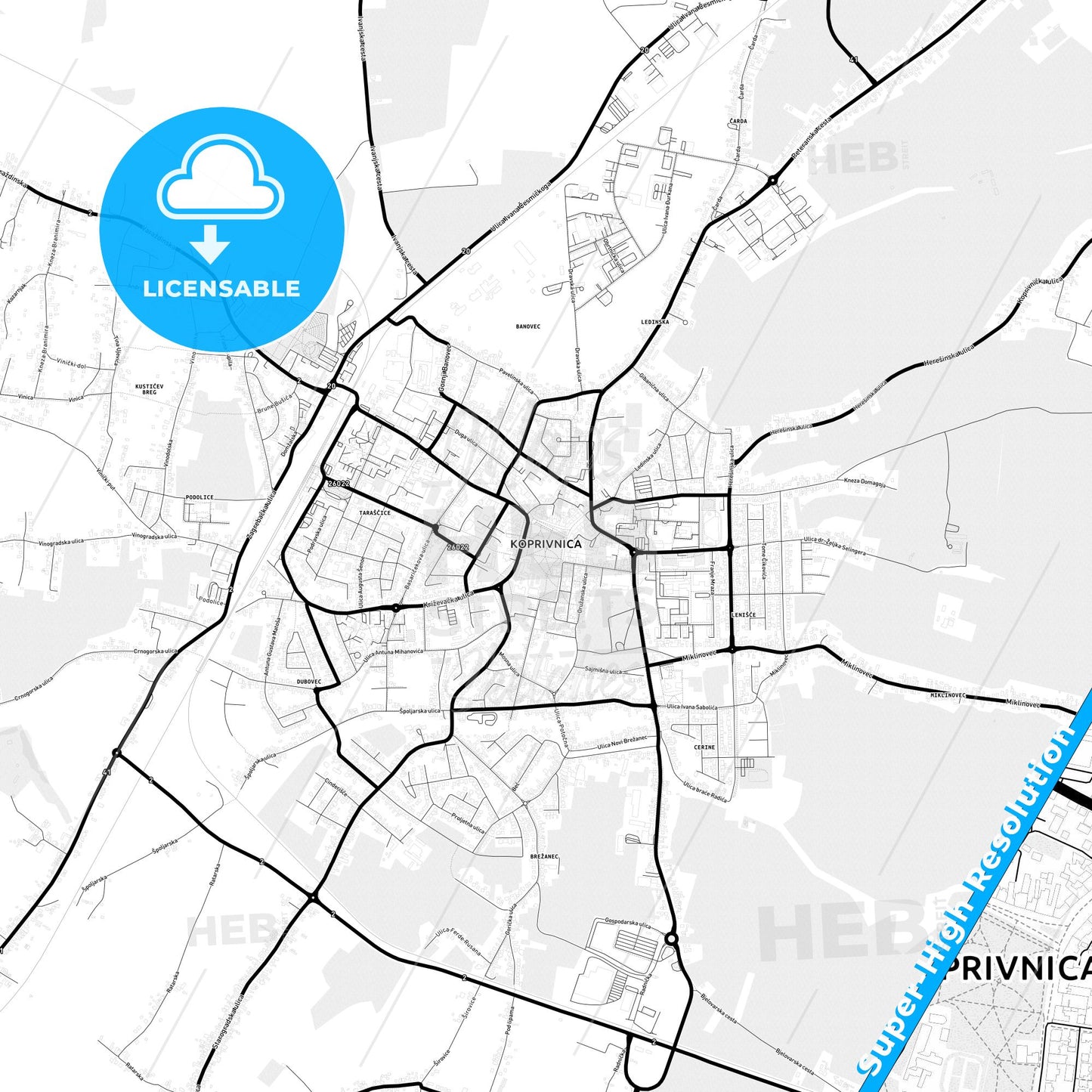 Koprivnica, Croatia Light Map with Street Names, City Names, and Districts