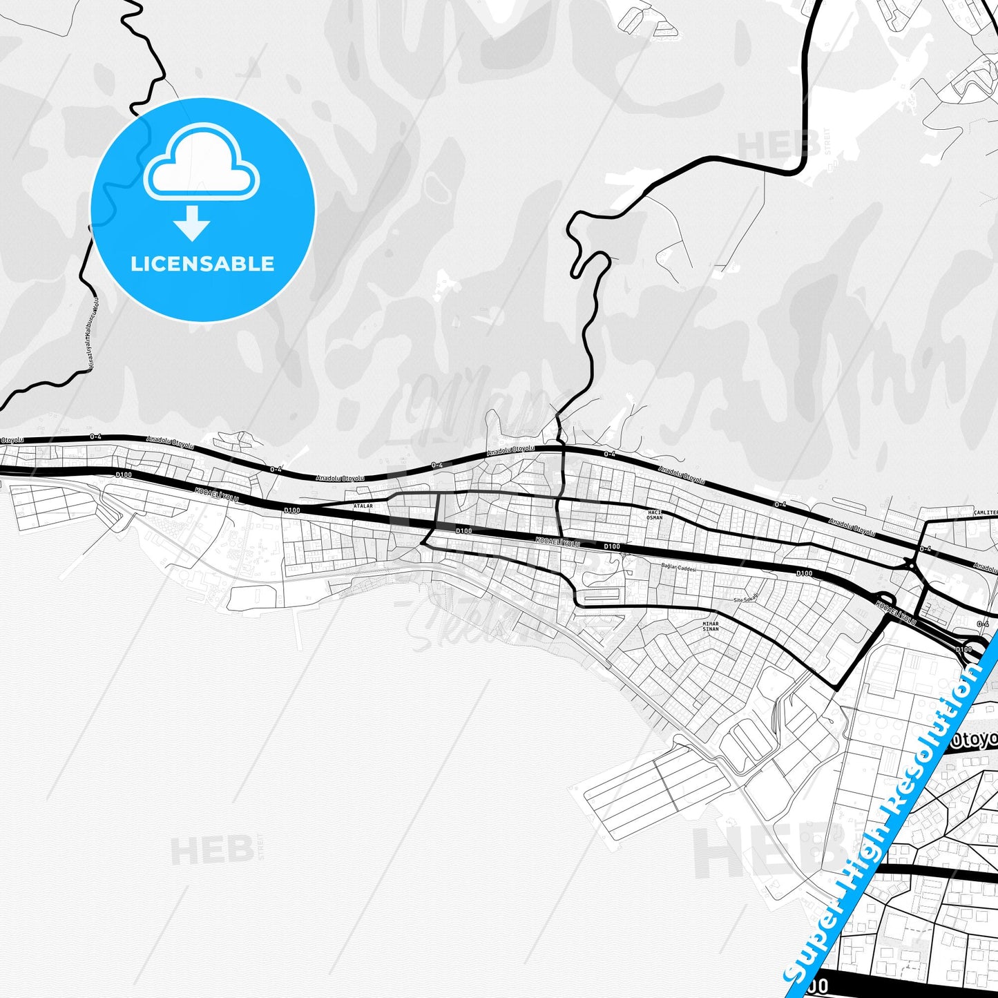Körfez, Turkey Light Map with Street Names, City Names, and Districts