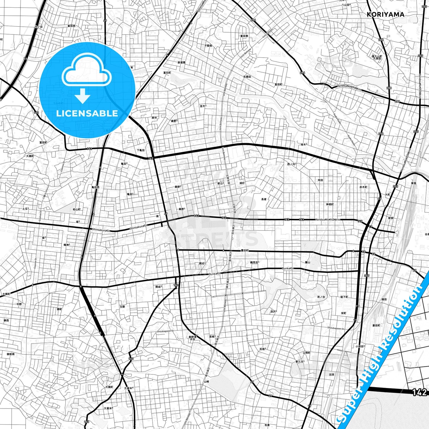 Kōriyama, Japan Light Map with Street Names, City Names, and Districts