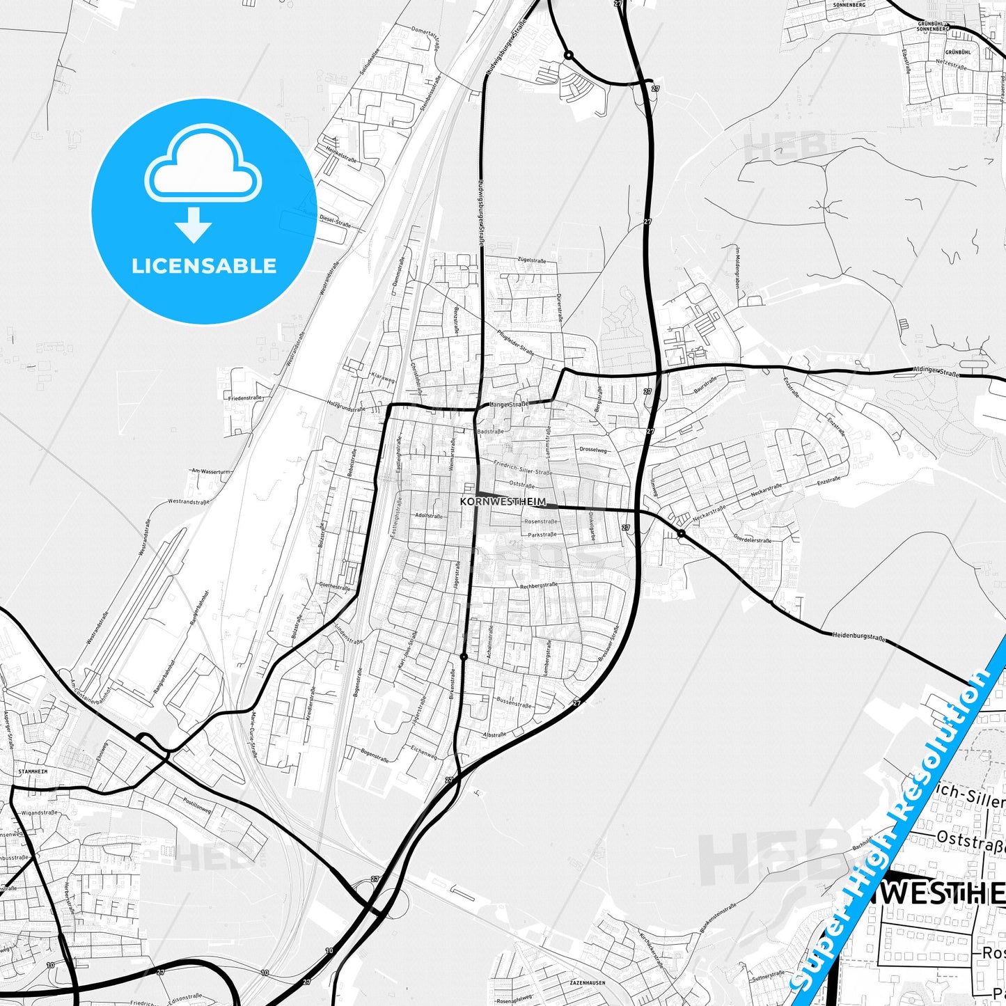 Kornwestheim, Germany Light Map with Street Names, City Names, and Districts