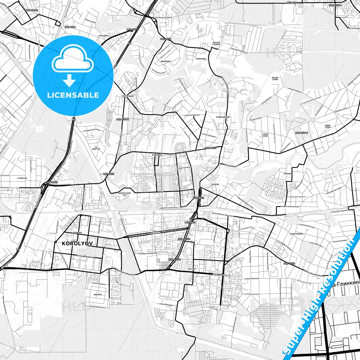 Korolyov, Russia Light Map with Street Names, City Names, and Districts