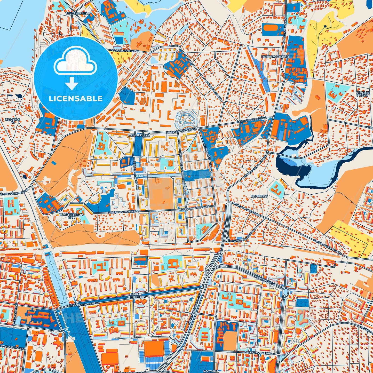 Colorful Korolyov Street Map with Labels and Buildings