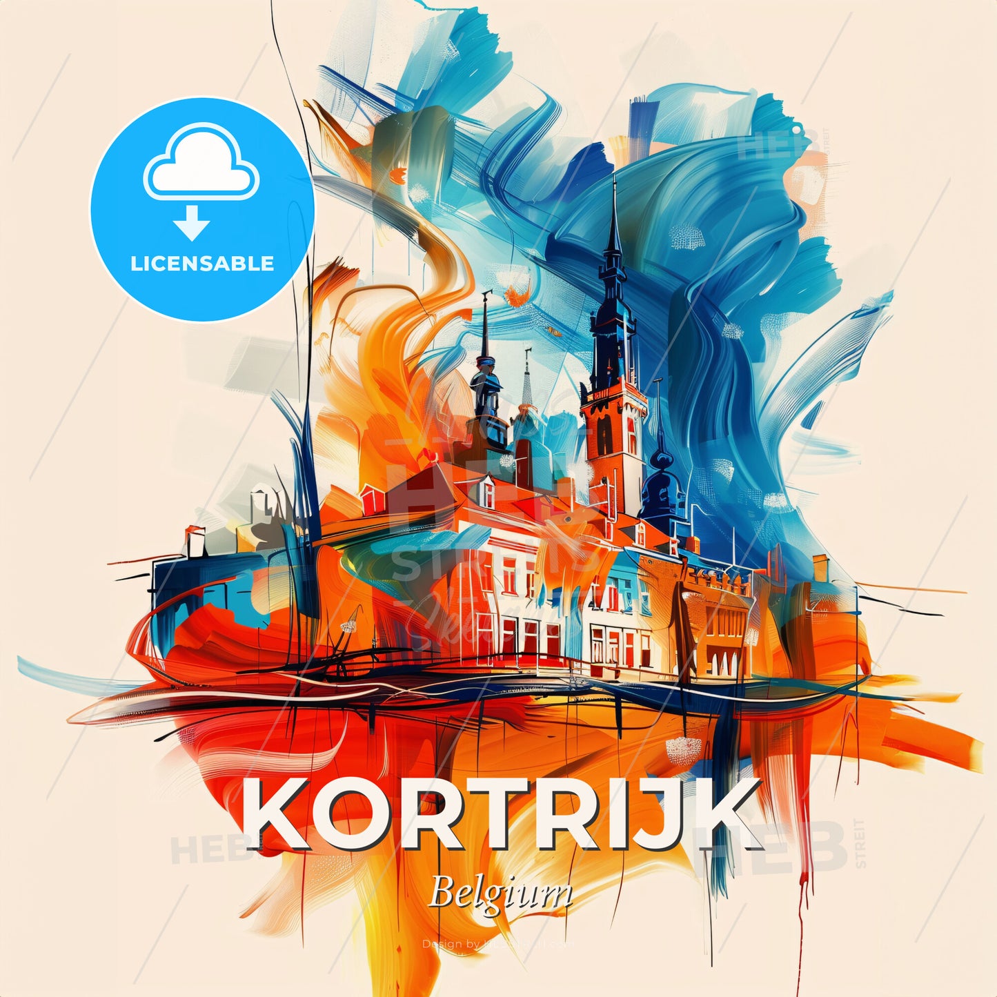 Vibrant Kortrijk , Belgium - A Painting Of A Building With Towers And A Colorful Background - Square format print template