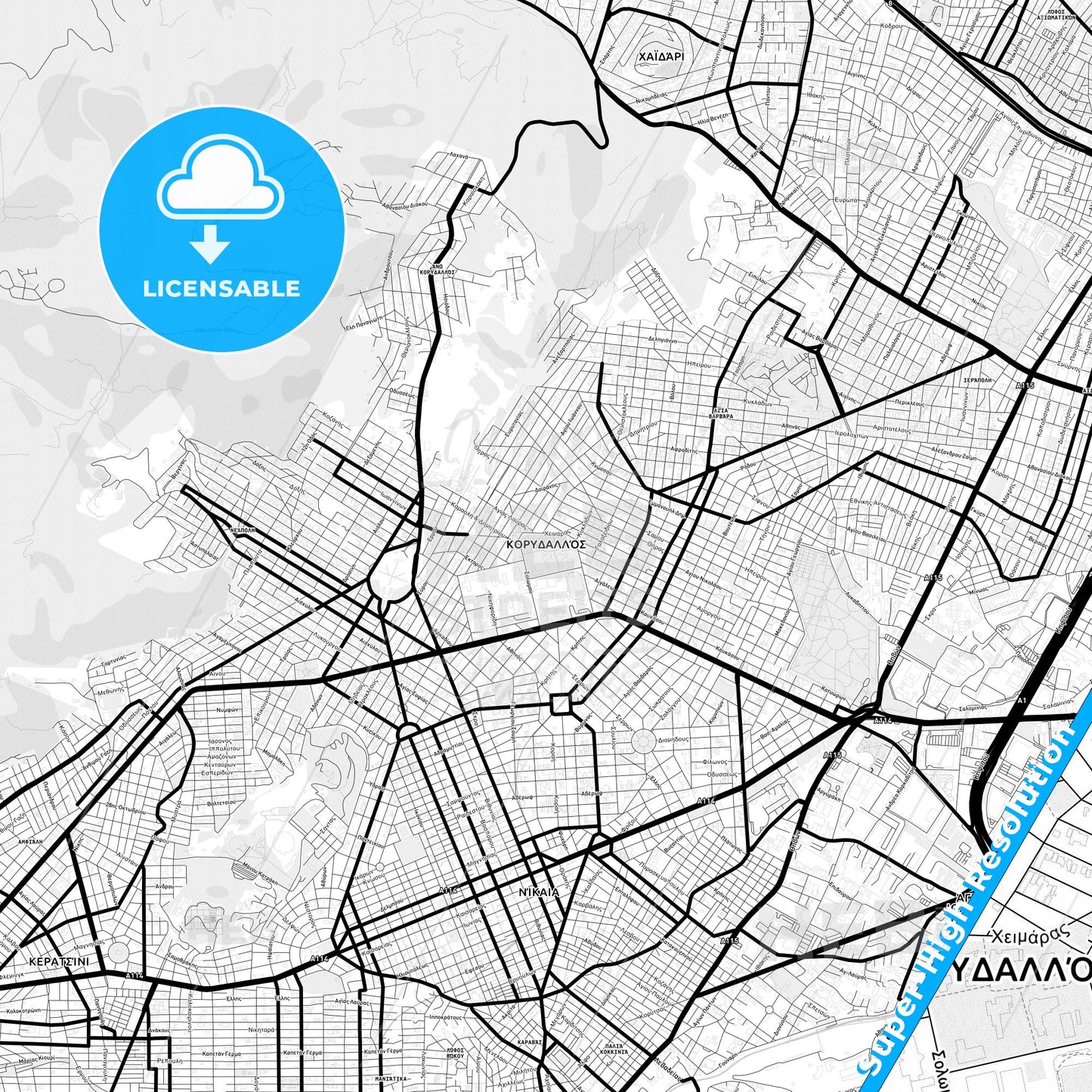 Korydallos, Greece Light Map with Street Names, City Names, and Districts