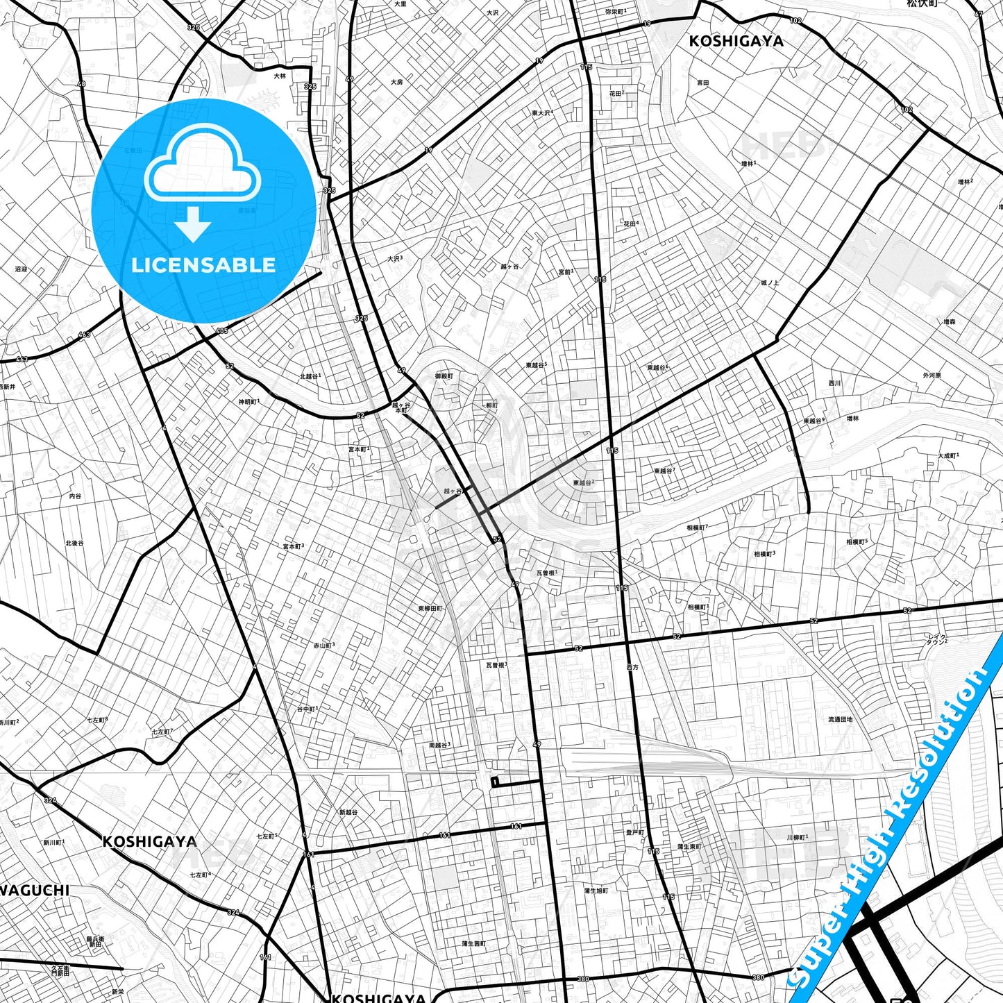 Koshigaya, Japan Light Map with Street Names, City Names, and Districts
