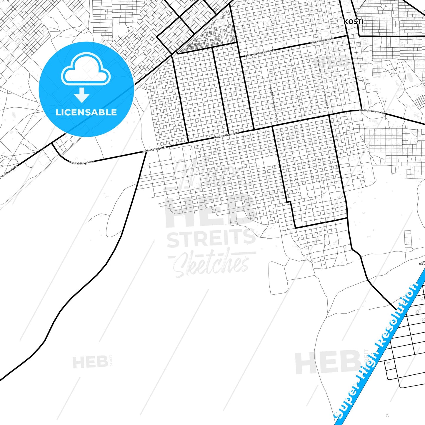 Kosti, Sudan Light Map with Street Names, City Names, and Districts