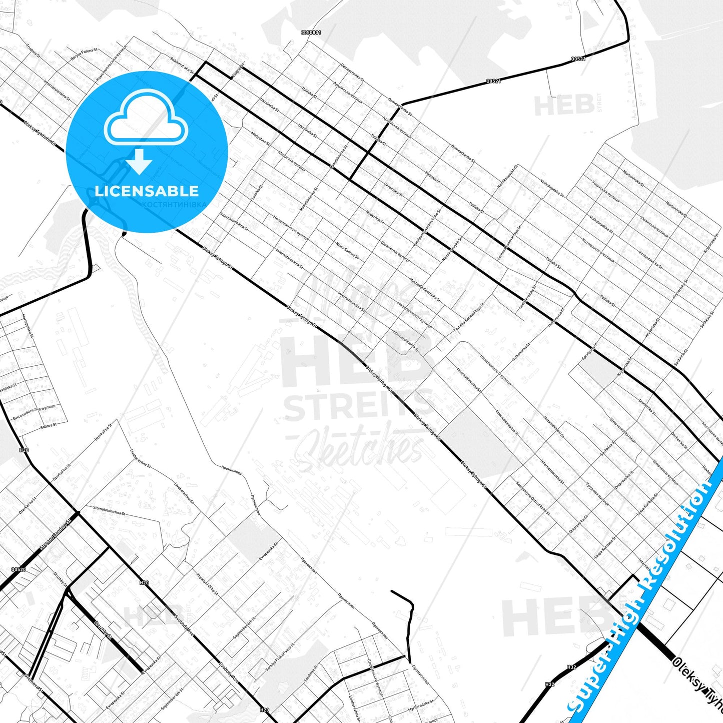Kostiantynivka, Ukraine Light Map with Street Names, City Names, and Districts