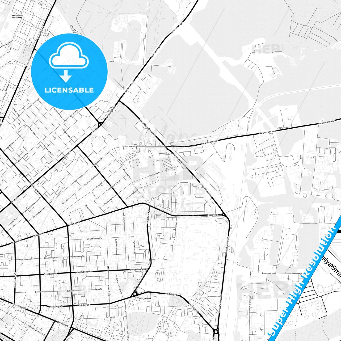 Kostroma, Russia Light Map with Street Names, City Names, and Districts