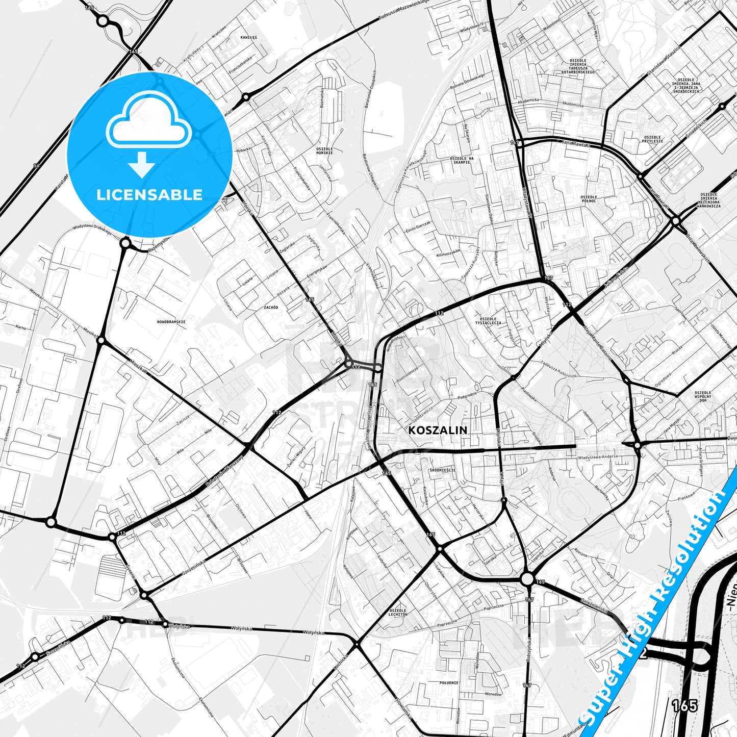 Koszalin, Poland Light Map with Street Names, City Names, and Districts