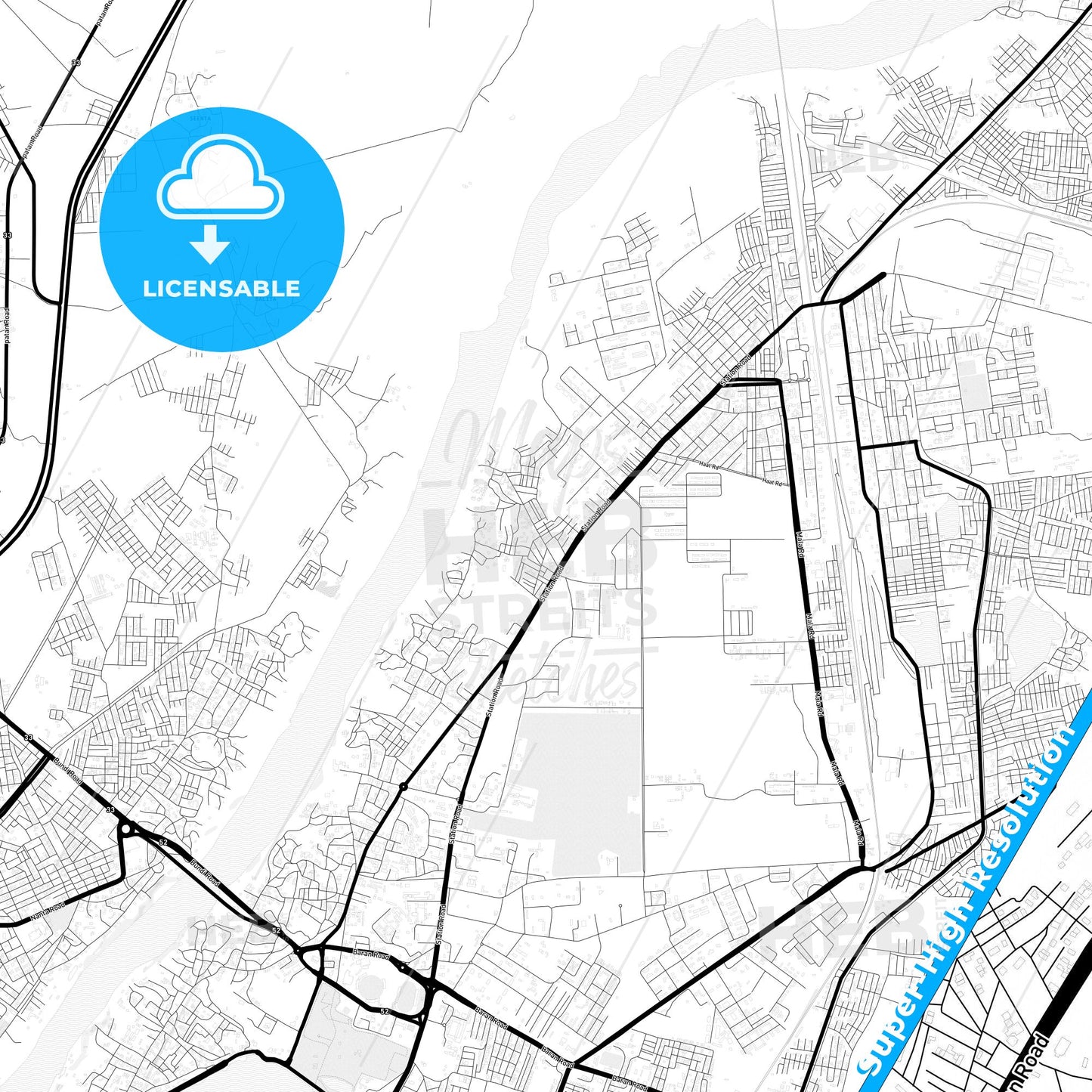 Kota, India Light Map with Street Names, City Names, and Districts