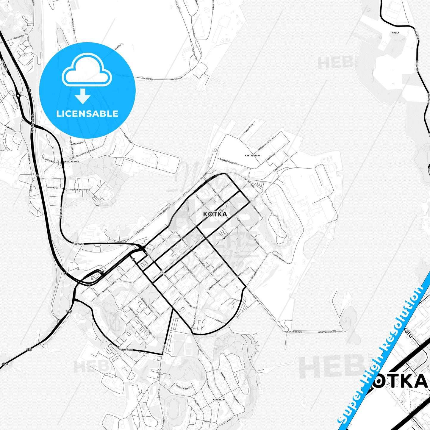 Kotka, Finland Light Map with Street Names, City Names, and Districts
