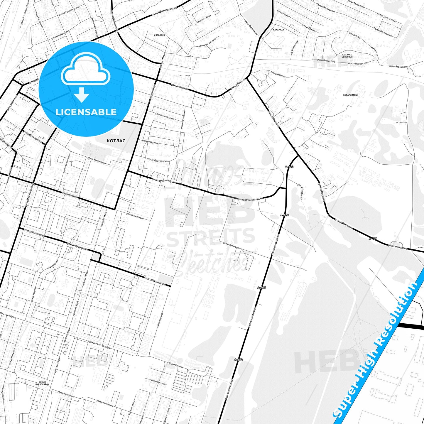 Kotlas, Russia Light Map with Street Names, City Names, and Districts