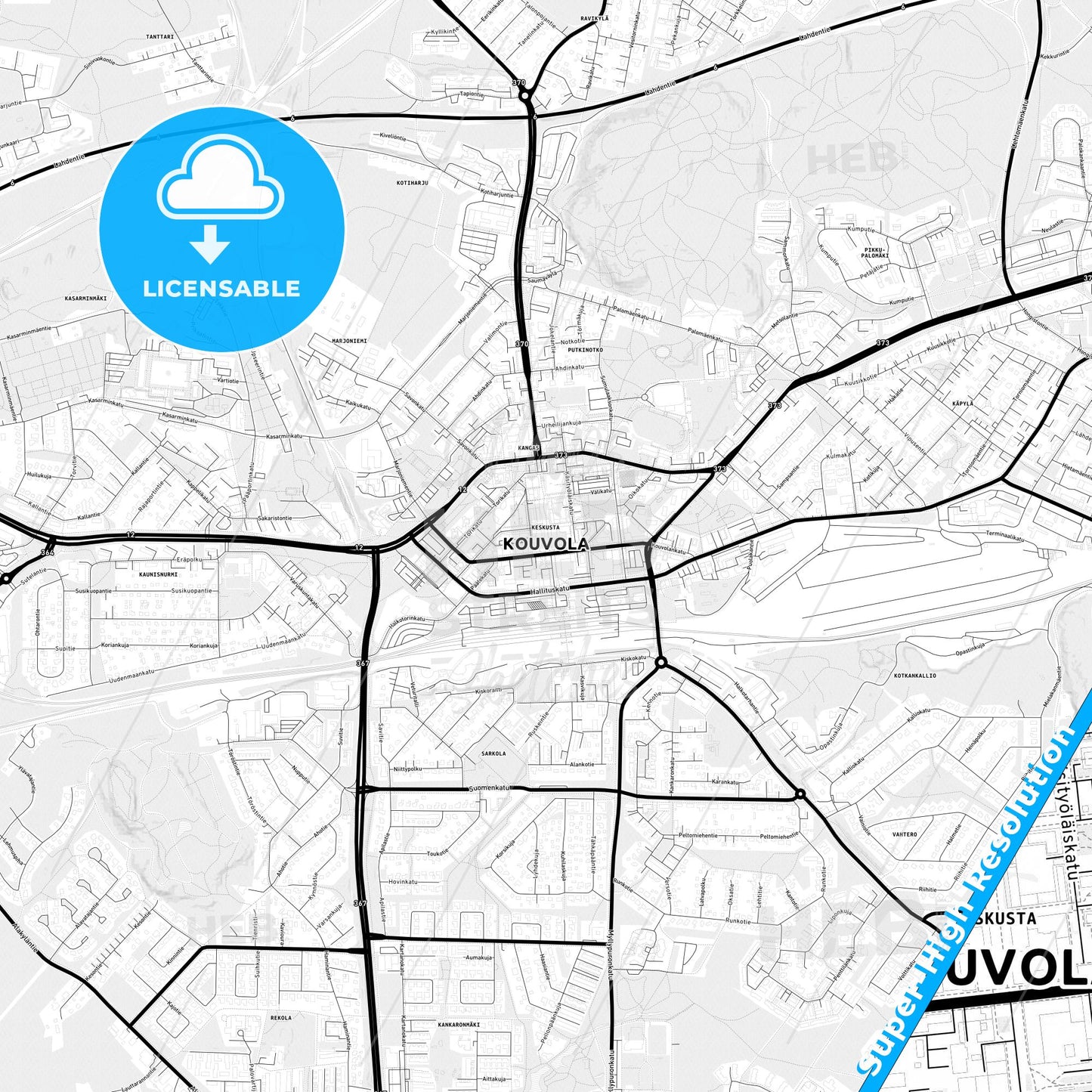 Kouvola, Finland Light Map with Street Names, City Names, and Districts