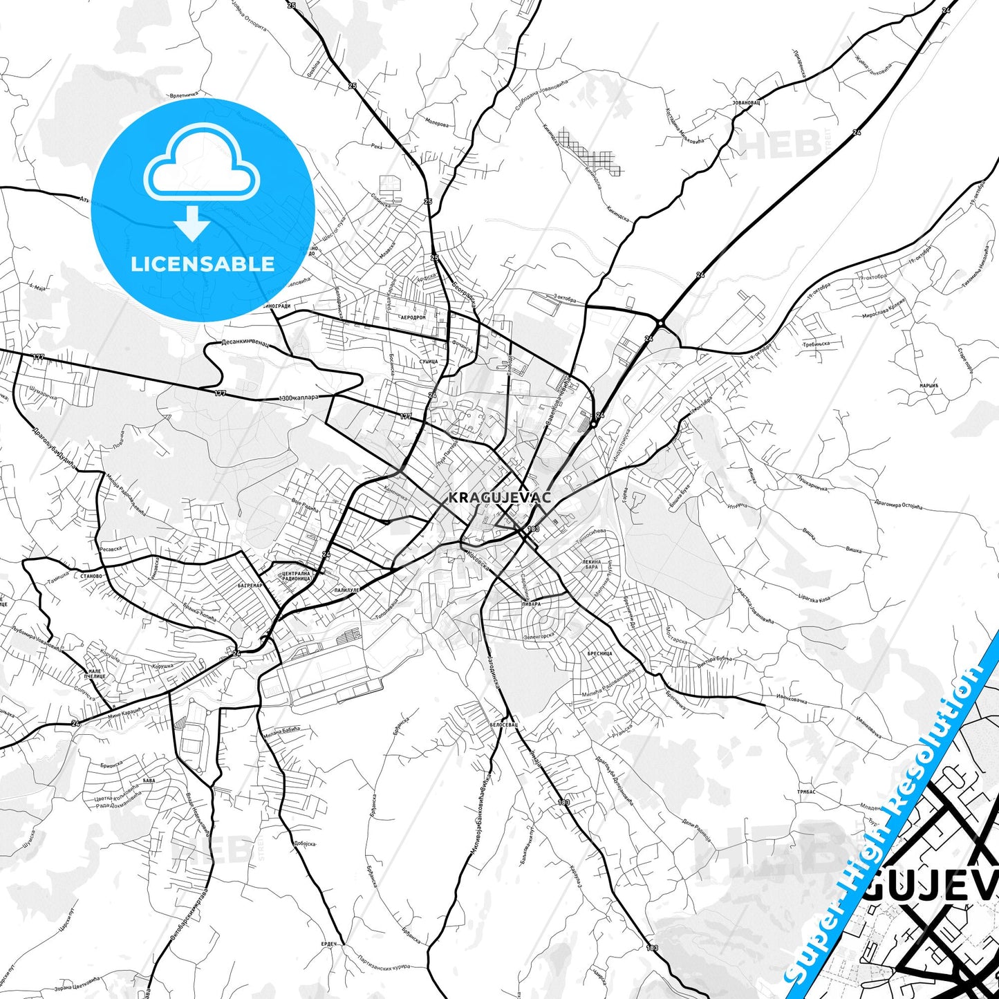 Kragujevac, Serbia Light Map with Street Names, City Names, and Districts