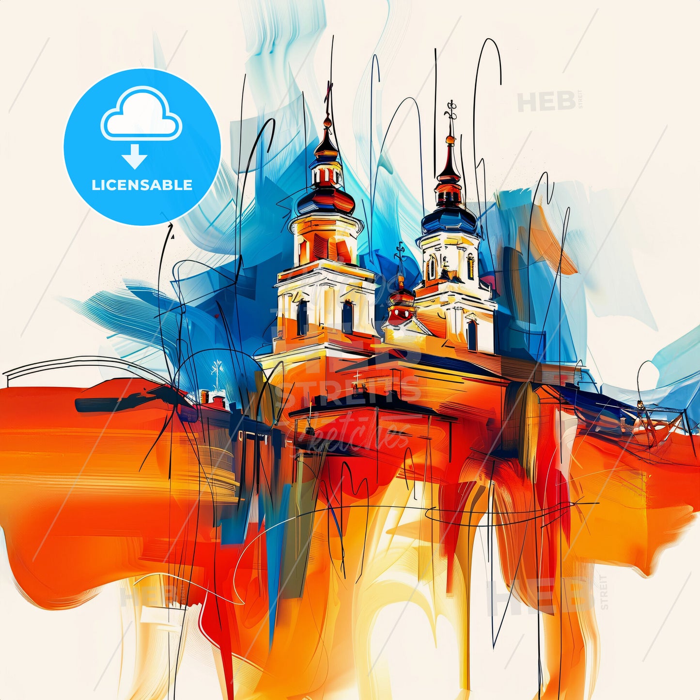 Vibrant Крагујевац, Serbia - A Painting Of A Building With Towers