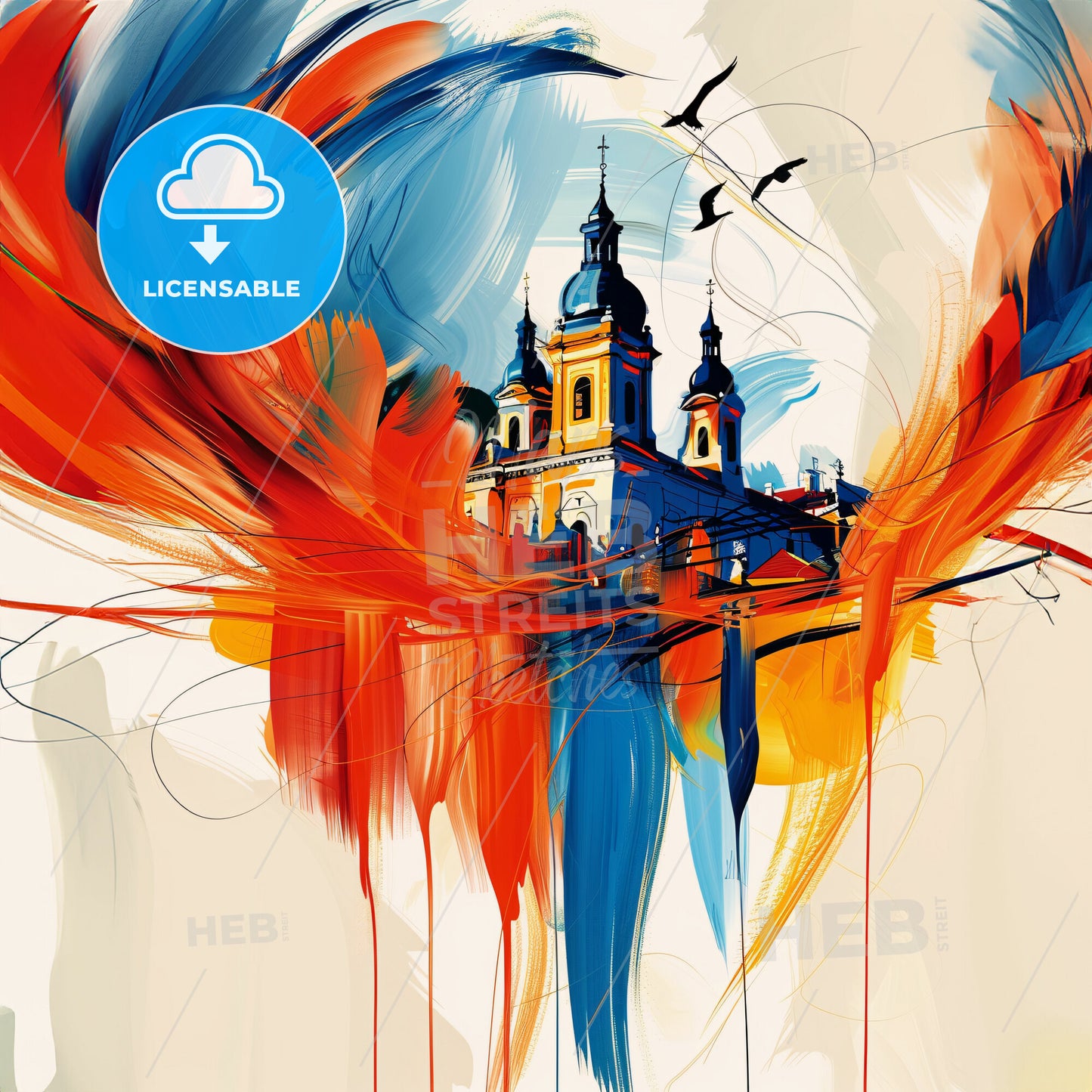 Vibrant Крагујевац, Serbia - A Painting Of A Building With A Bird Flying