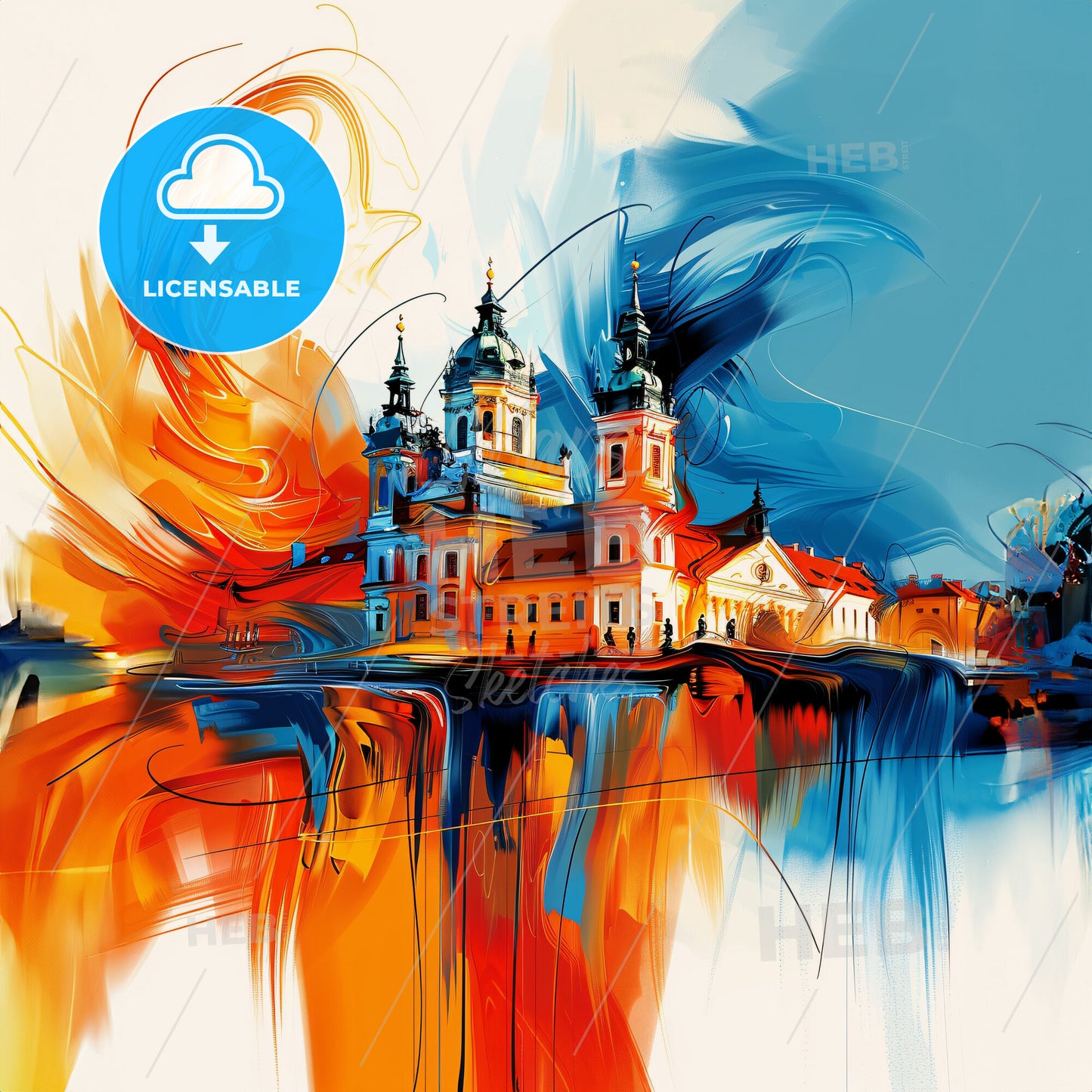 Vibrant Kraków, Poland - A Painting Of A Building With A Fire In The Background