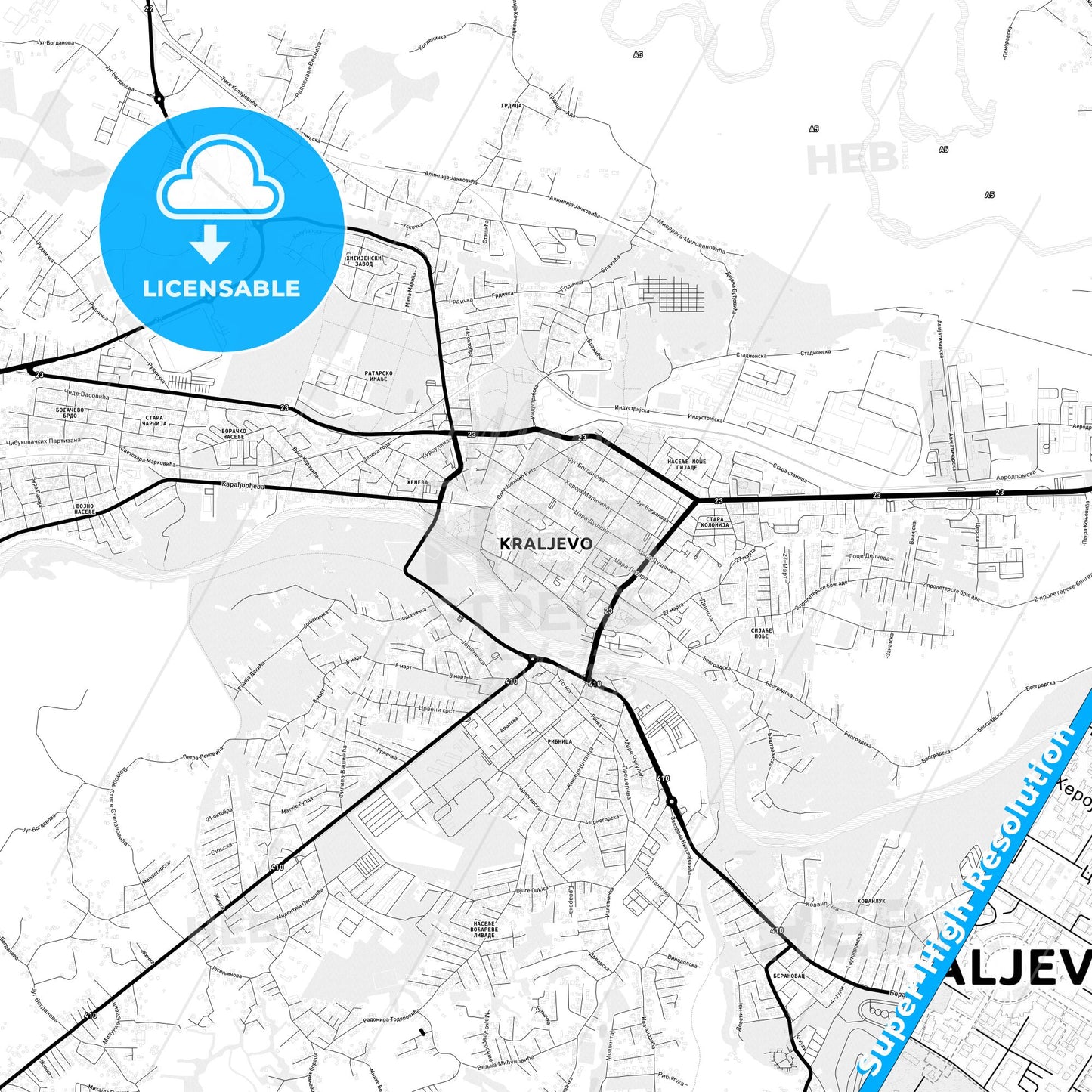 Kraljevo, Serbia Light Map with Street Names, City Names, and Districts
