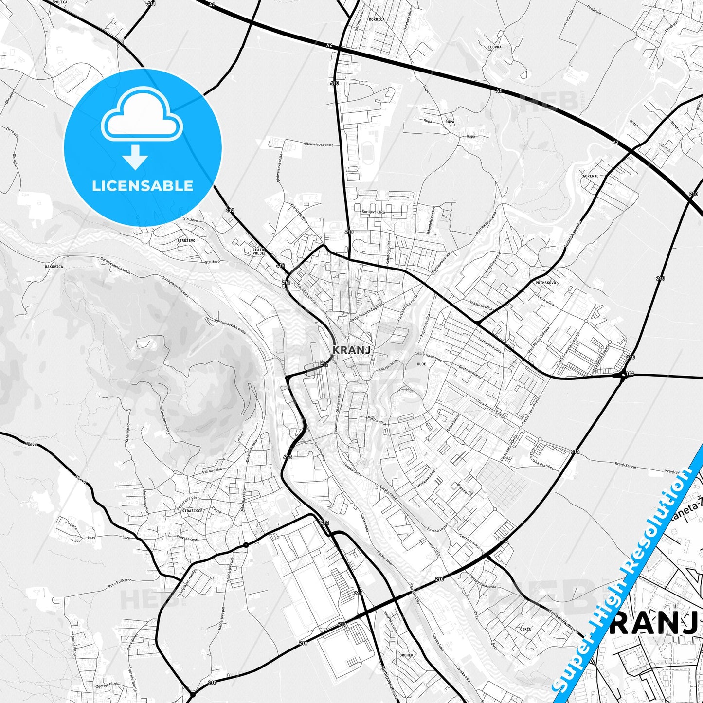 Kranj, Slovenia Light Map with Street Names, City Names, and Districts
