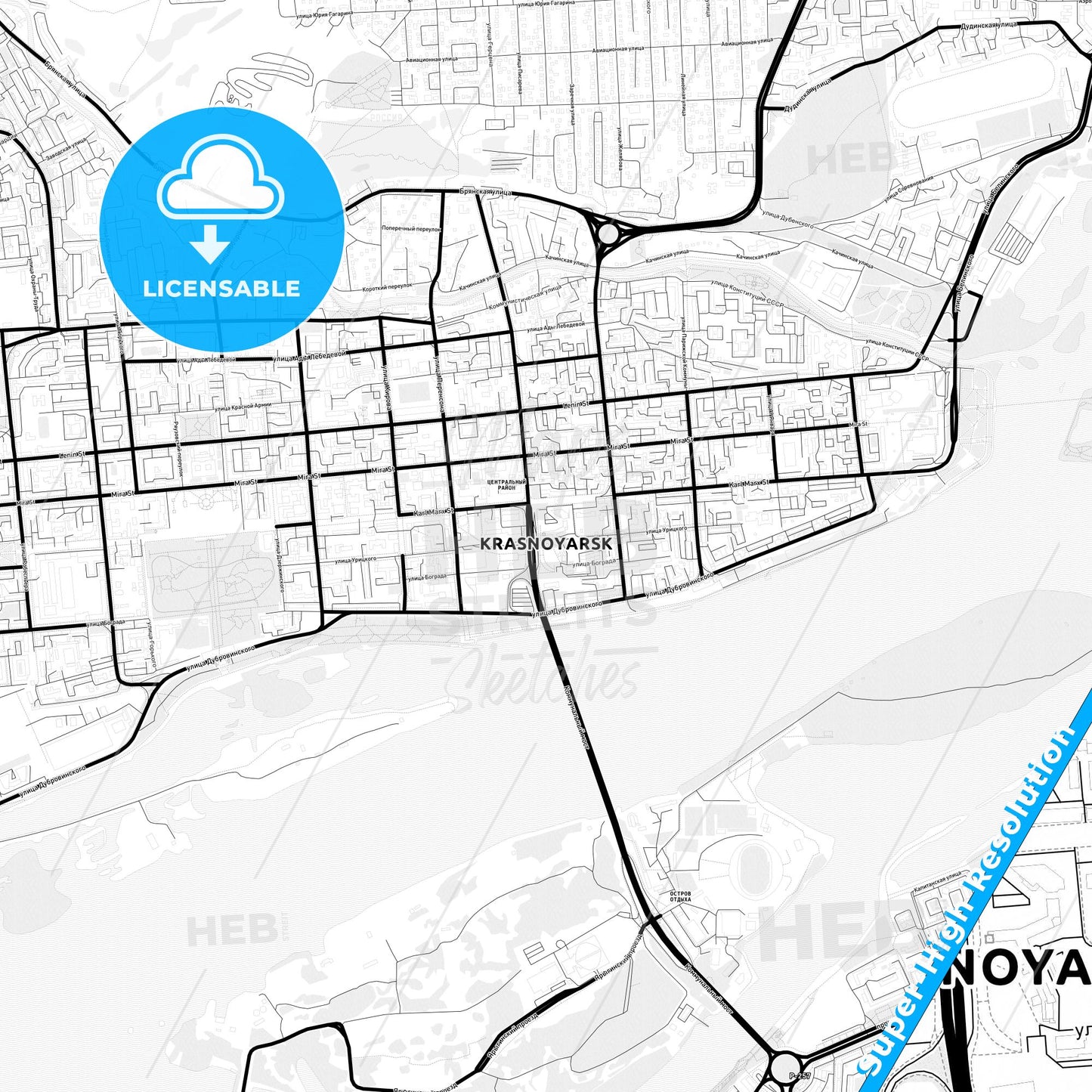 Krasnoyarsk, Russia Light Map with Street Names, City Names, and Districts