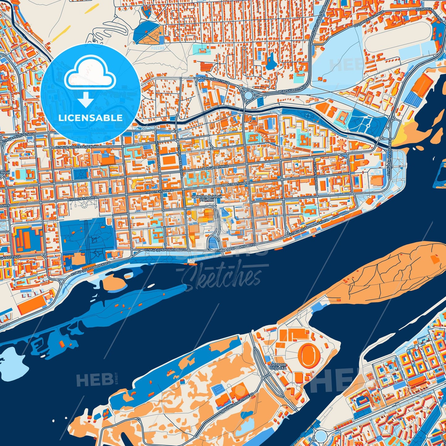 Colorful Krasnoyarsk Street Map with Labels and Buildings