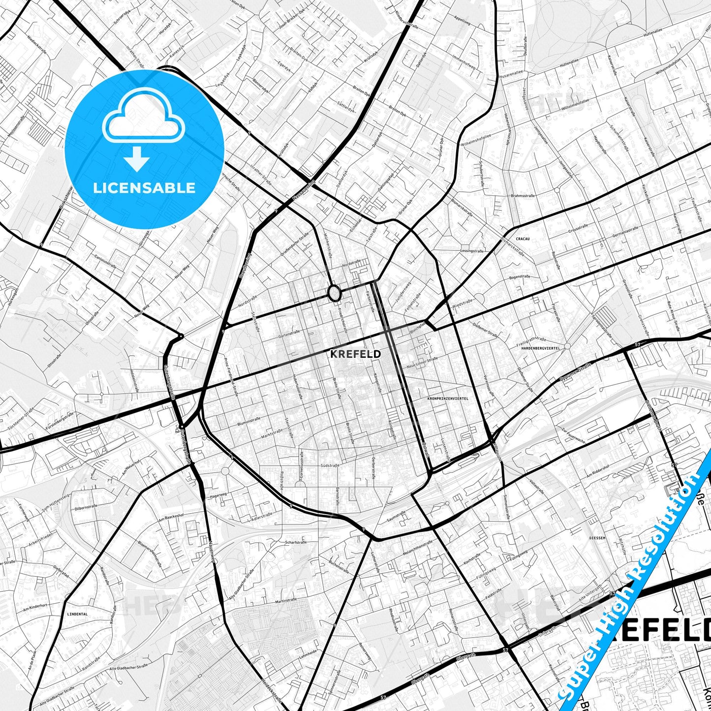 Krefeld, Germany Light Map with Street Names, City Names, and Districts