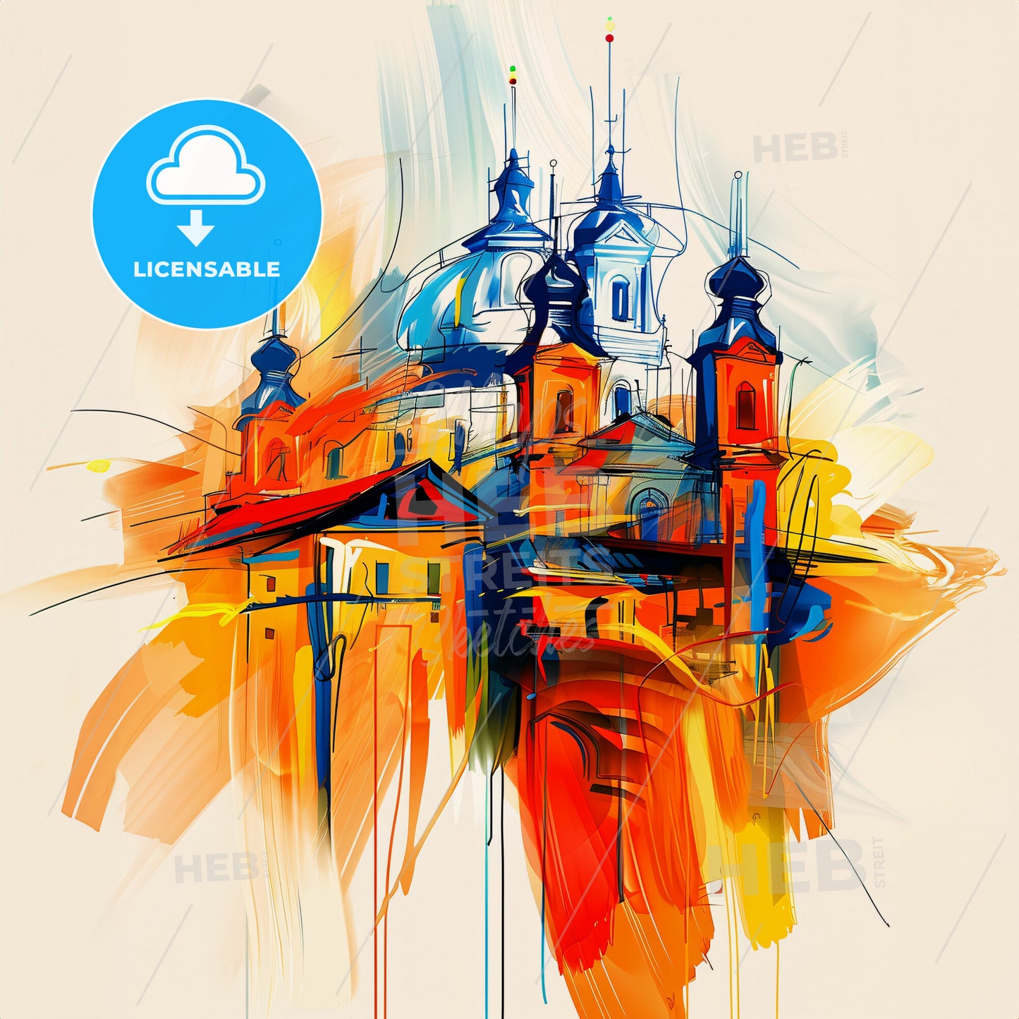 Vibrant Krefeld, Germany - A Painting Of A Skyline With A Colorful Building