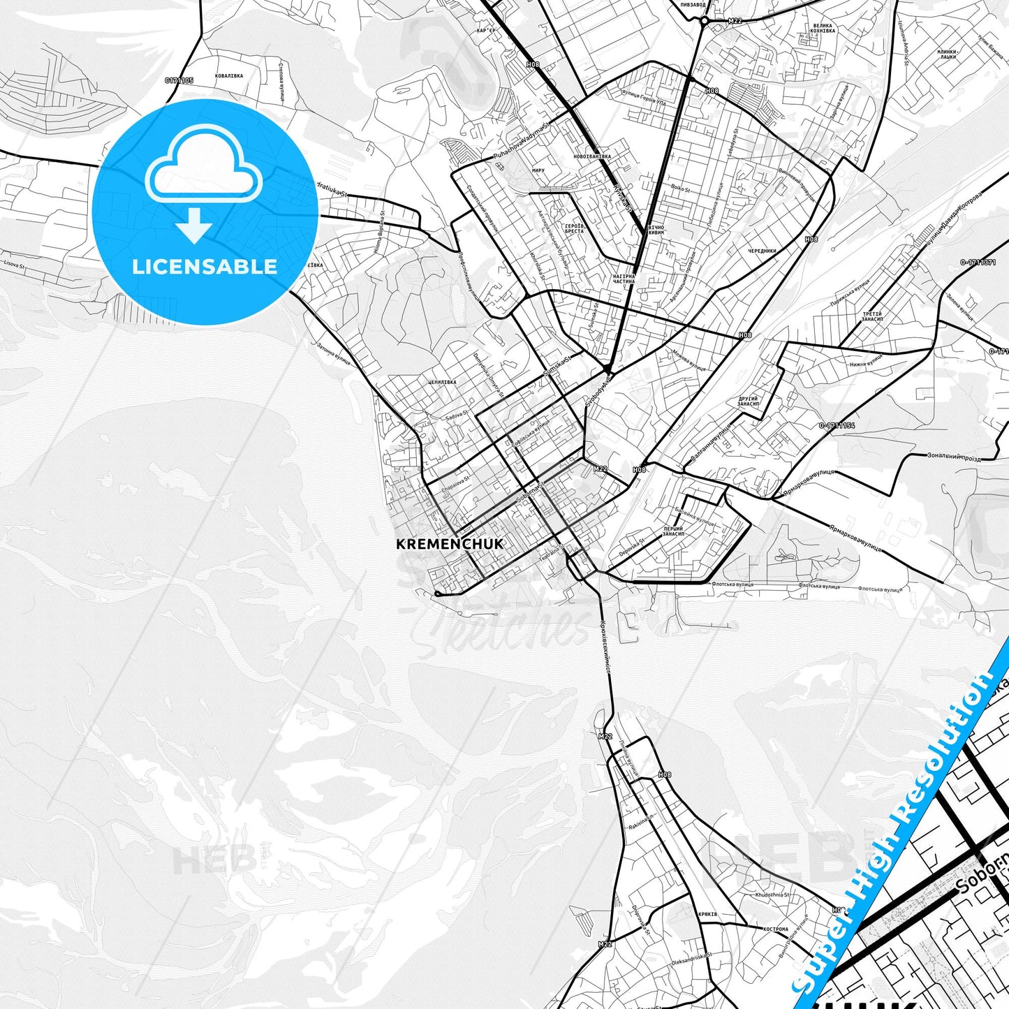 Kremenchuk, Ukraine Light Map with Street Names, City Names, and Districts