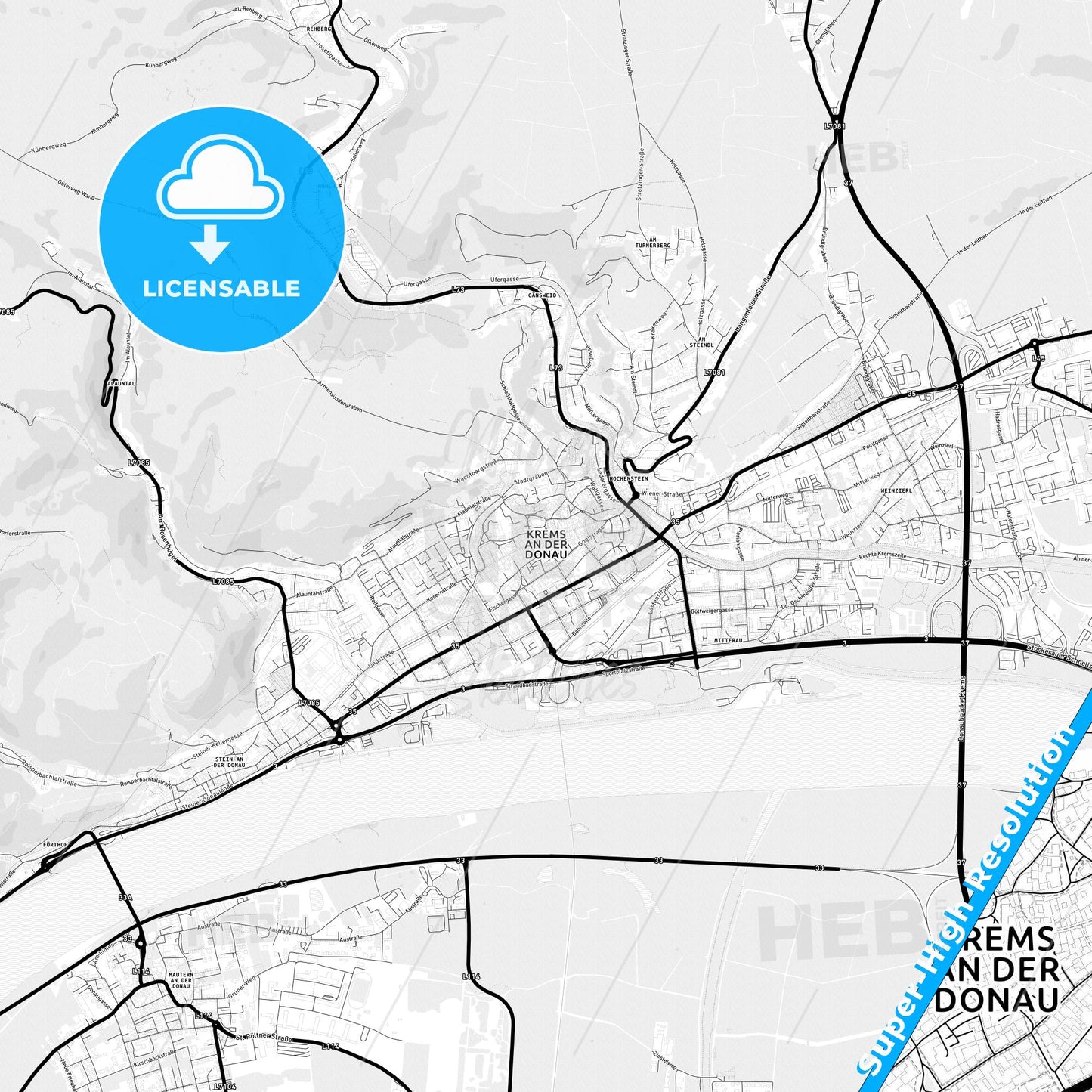 Krems, Austria Light Map with Street Names, City Names, and Districts