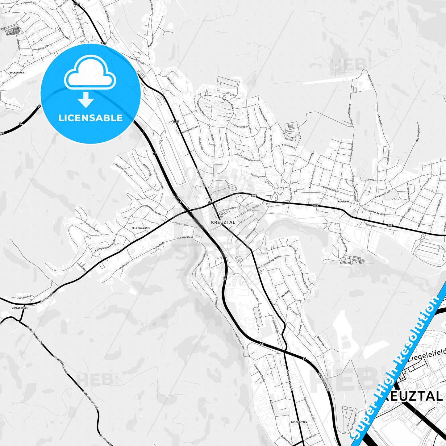 Kreuztal, Germany Light Map with Street Names, City Names, and Districts