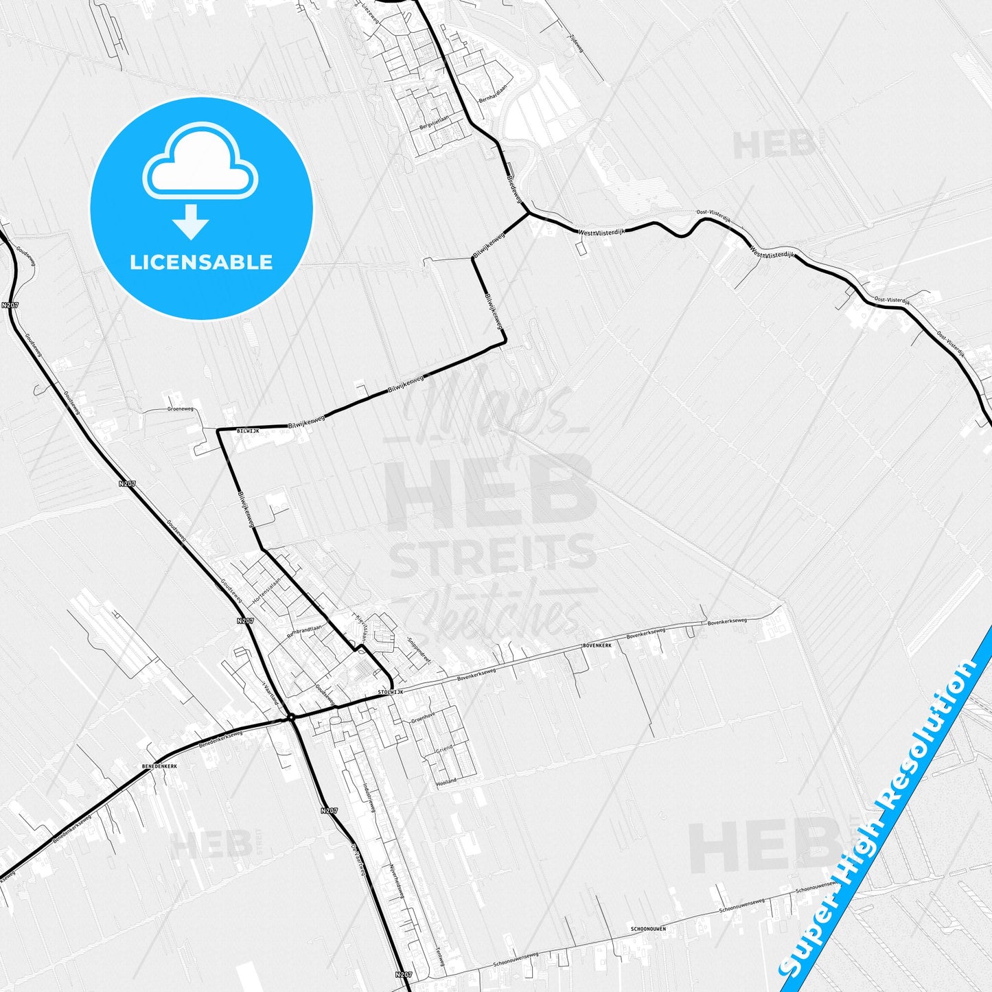 Krimpenerwaard, Netherlands Light Map with Street Names, City Names, and Districts