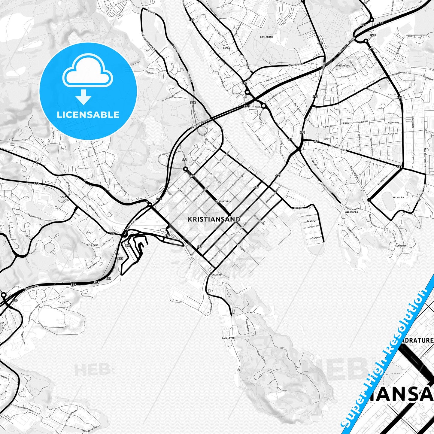 Kristiansand, Norway Light Map with Street Names, City Names, and Districts