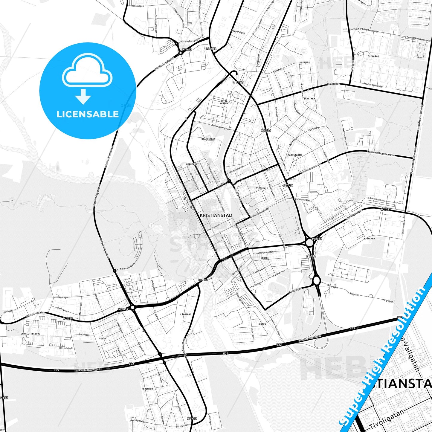 Kristianstad, Sweden Light Map with Street Names, City Names, and Districts