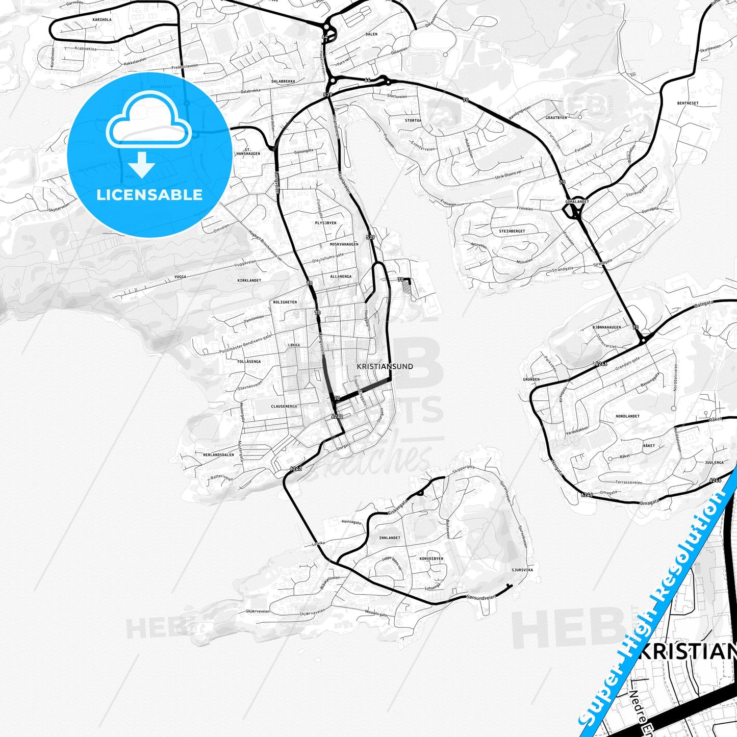 Kristiansund, Norway Light Map with Street Names, City Names, and Districts