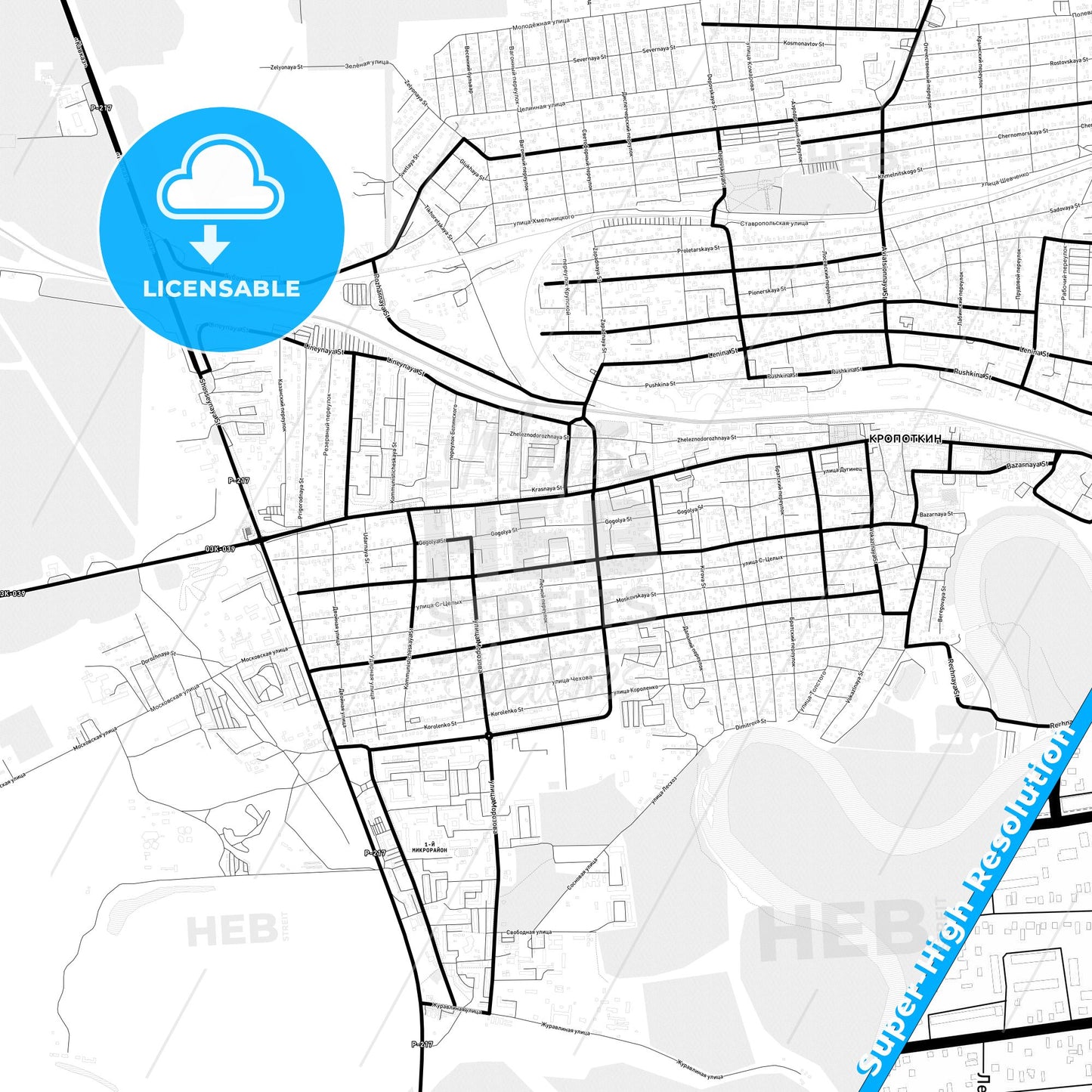 Kropotkin, Russia Light Map with Street Names, City Names, and Districts