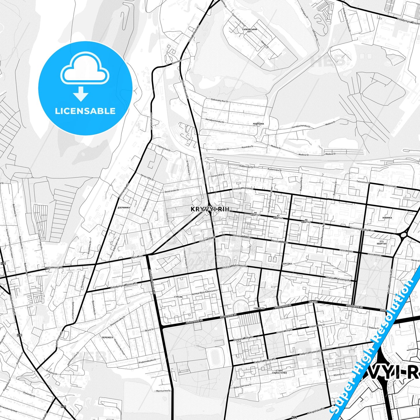 Kryvyi Rih, Ukraine Light Map with Street Names, City Names, and Districts