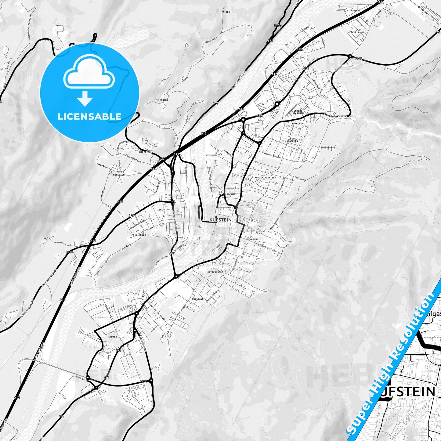Kufstein, Austria Light Map with Street Names, City Names, and Districts