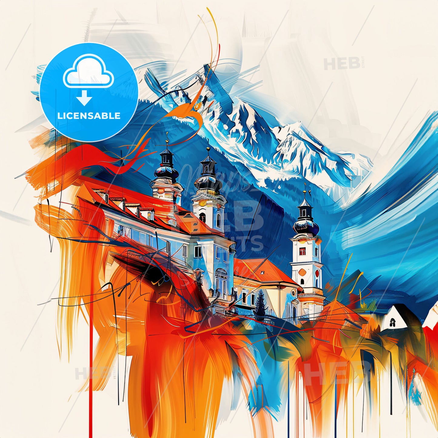 Vibrant Kufstein, Austria - A Painting Of A Building With A Mountain In The Background