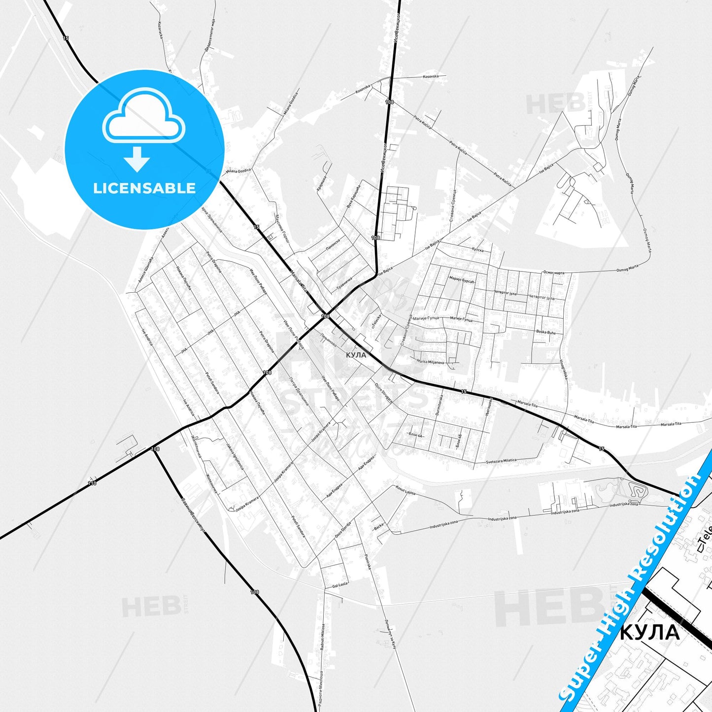 Kula, Serbia Light Map with Street Names, City Names, and Districts