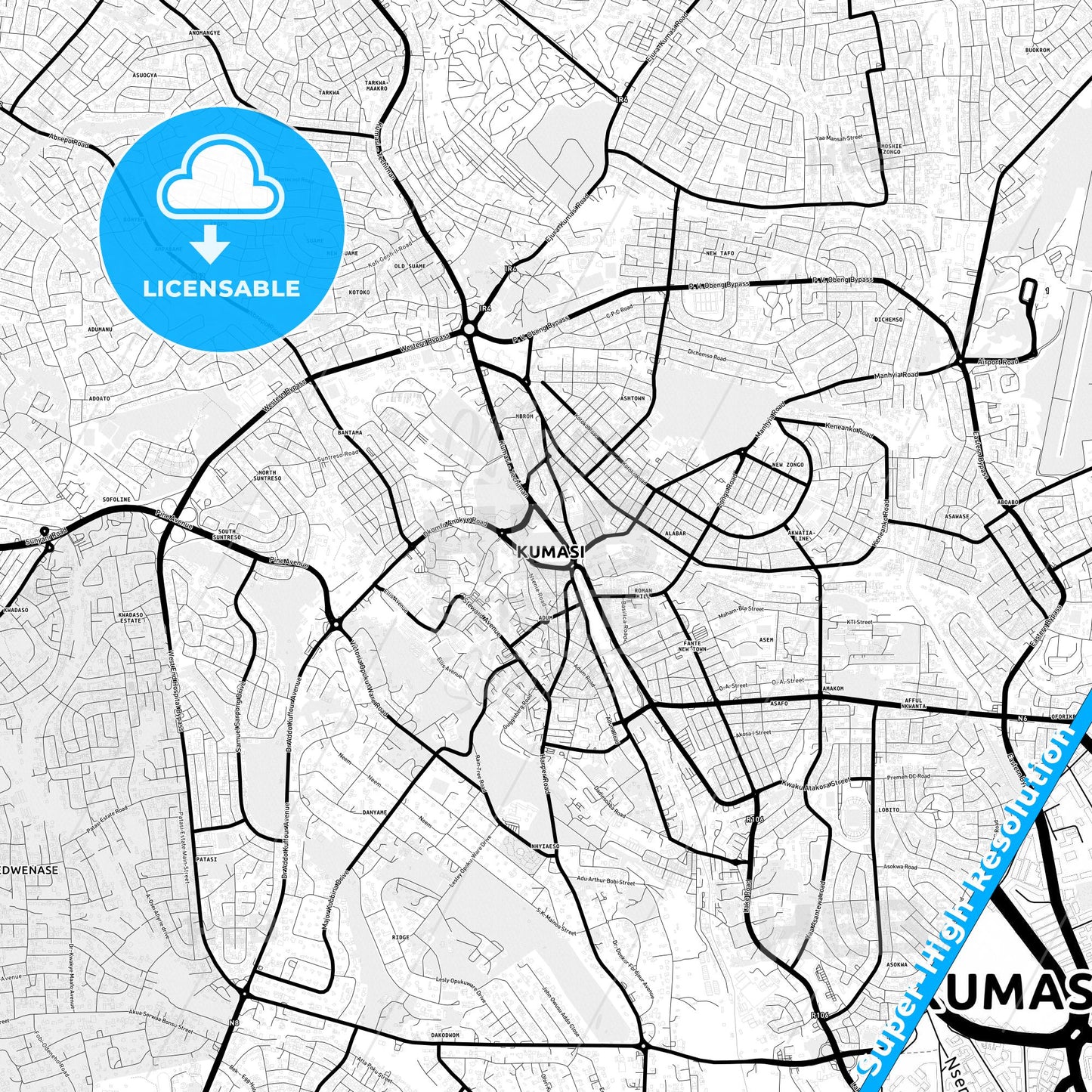 Kumasi, Ghana Light Map with Street Names, City Names, and Districts