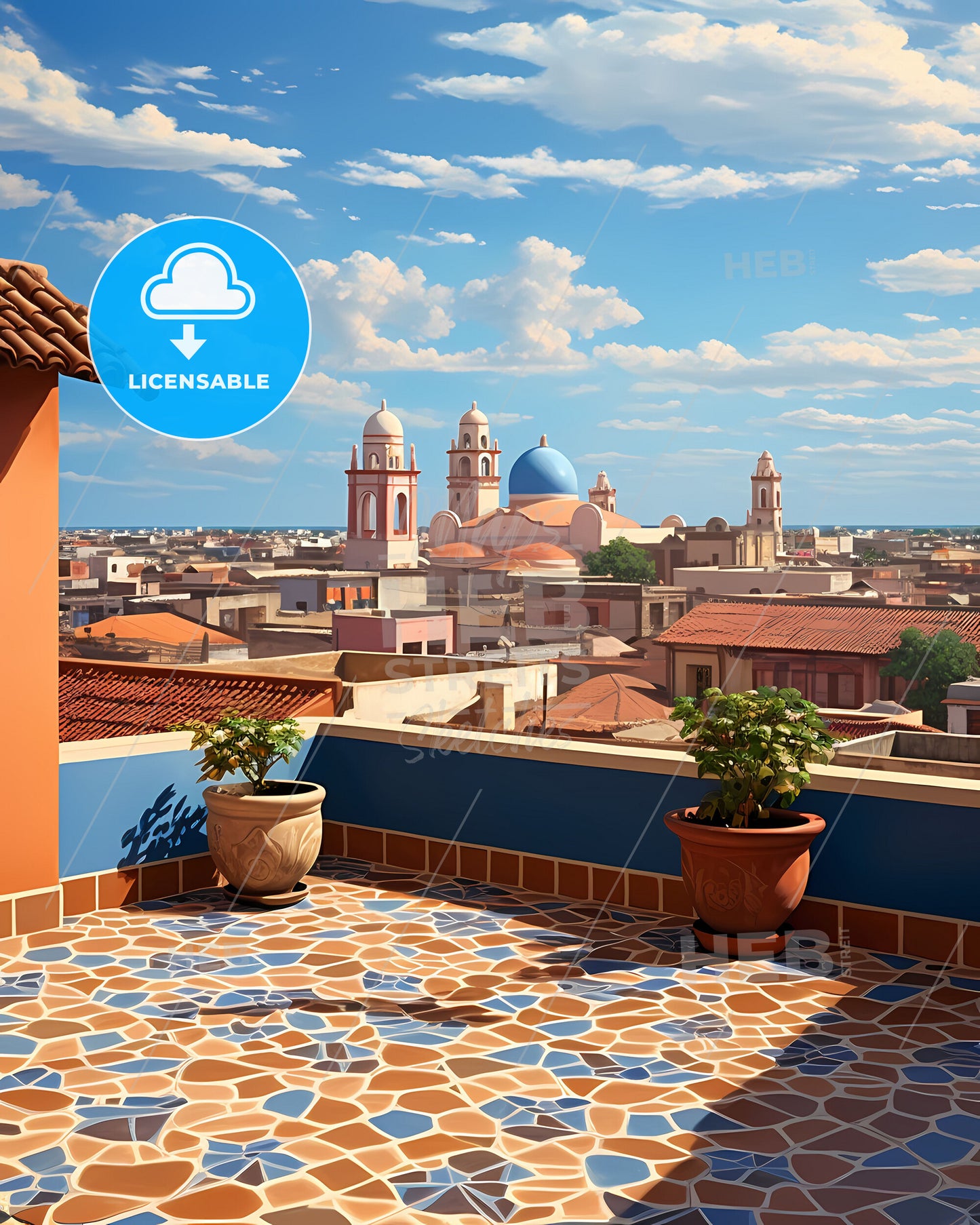 Ghanaian Art Painting of Buildings in Kumasi Cityscape Vivid Skyline in Africa