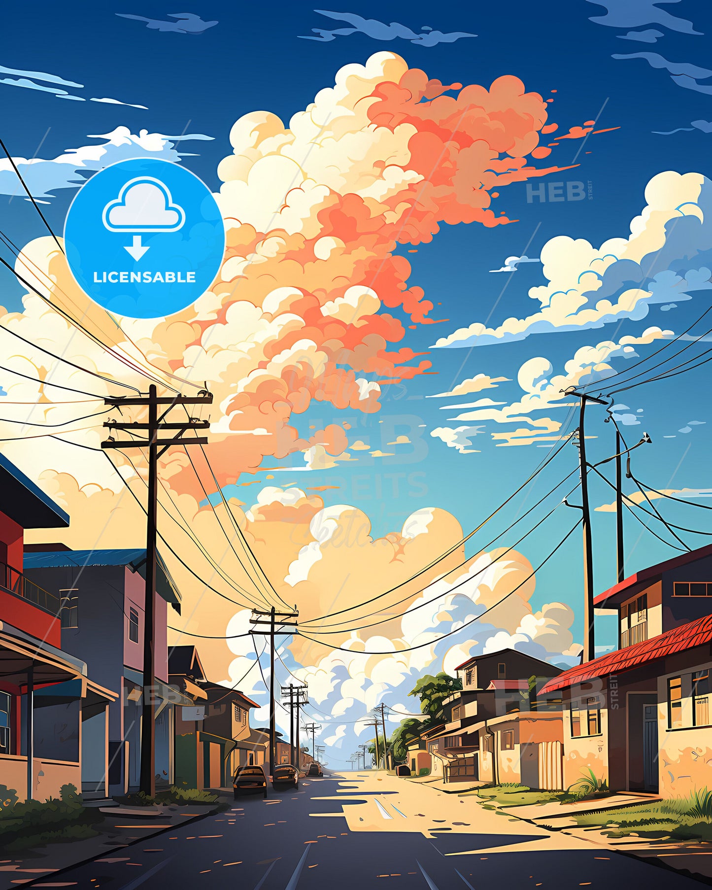 Vibrant Ghanaian Street Painting Depicting Kumasi Skyline with Houses, Power Lines, and Telephone Poles