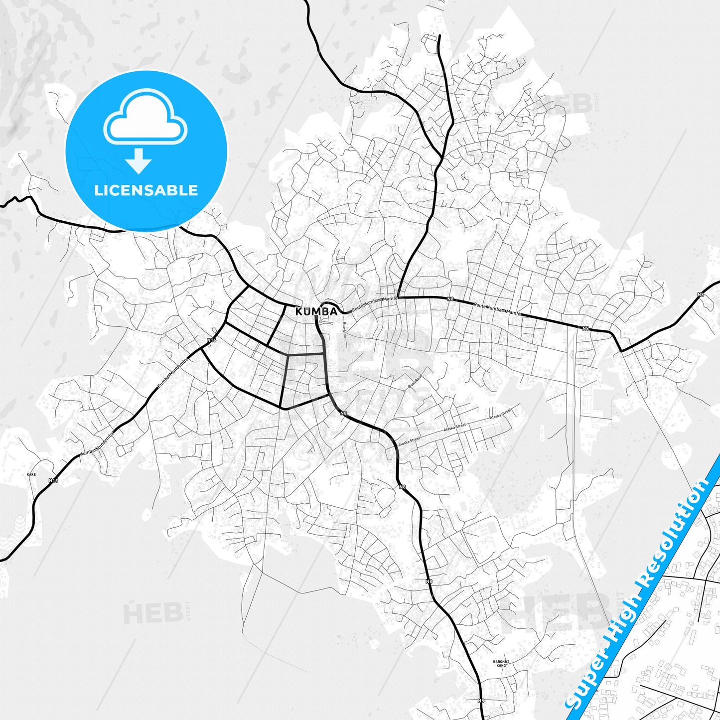 Kumba, Cameroon Light Map with Street Names, City Names, and Districts