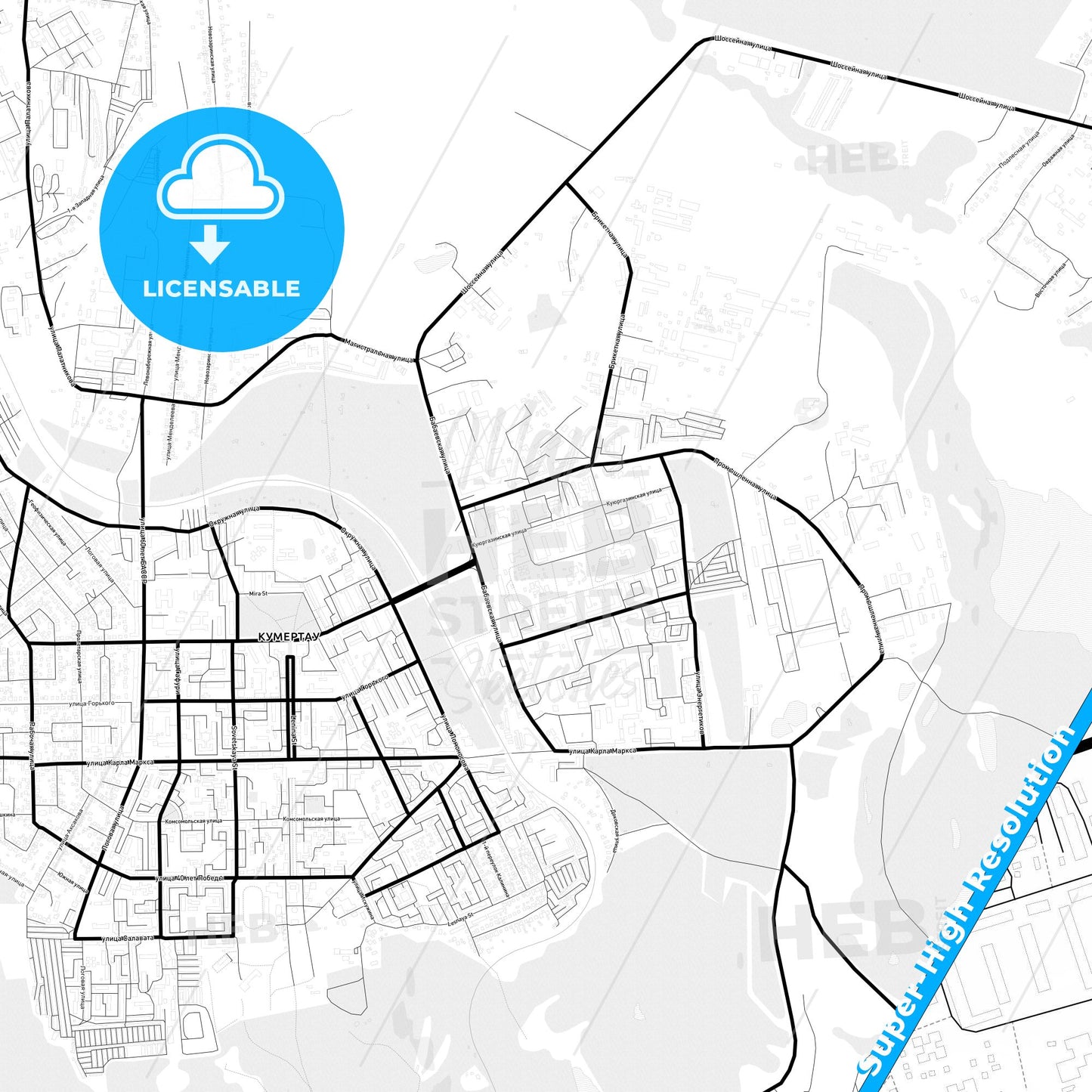 Kumertau, Russia Light Map with Street Names, City Names, and Districts